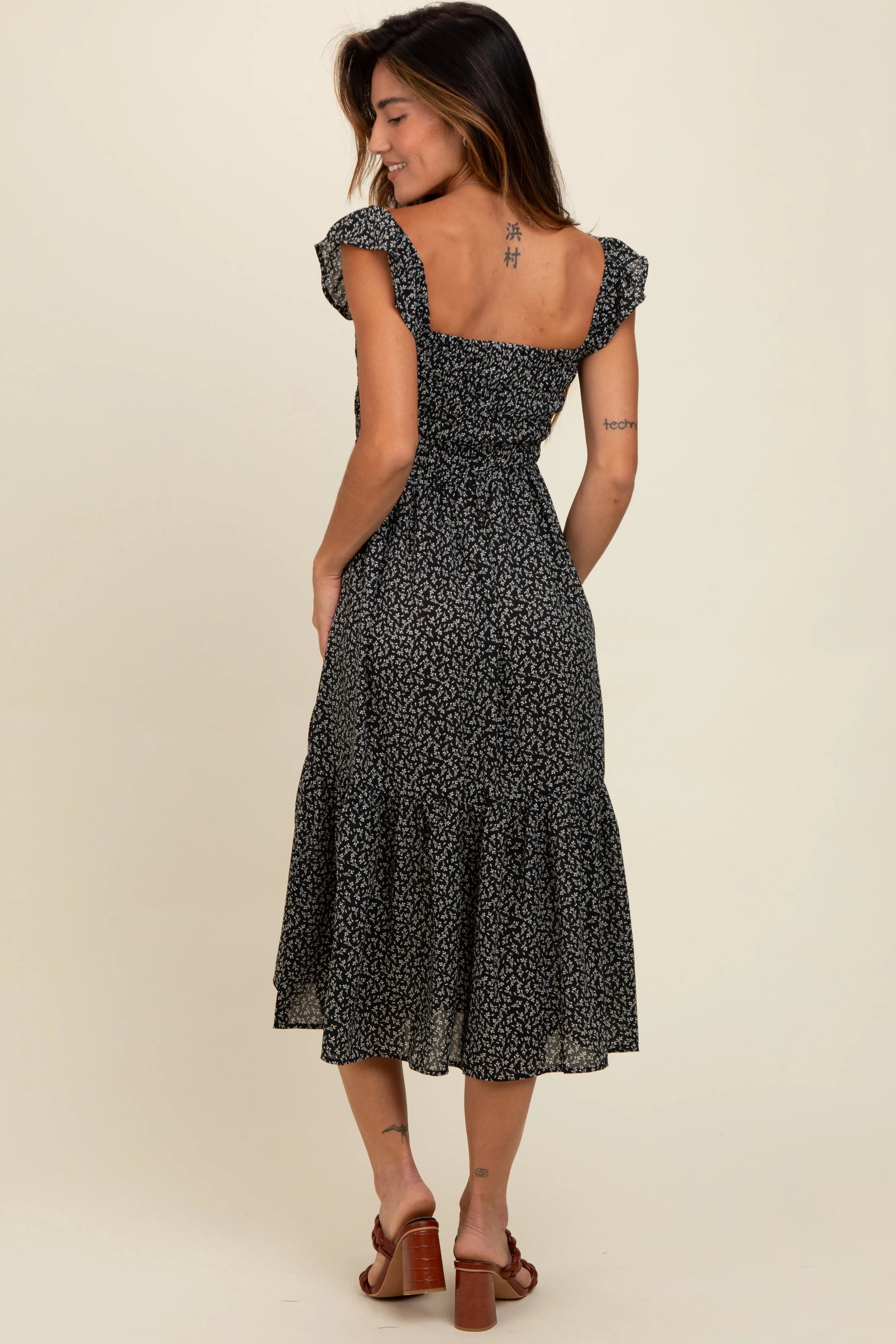 PinkBlush PinkBlush Black Ruffle Strap Smocked Midi Dress for Fashion-Forward Women - Apparel & Accessories > Clothing > Dresses