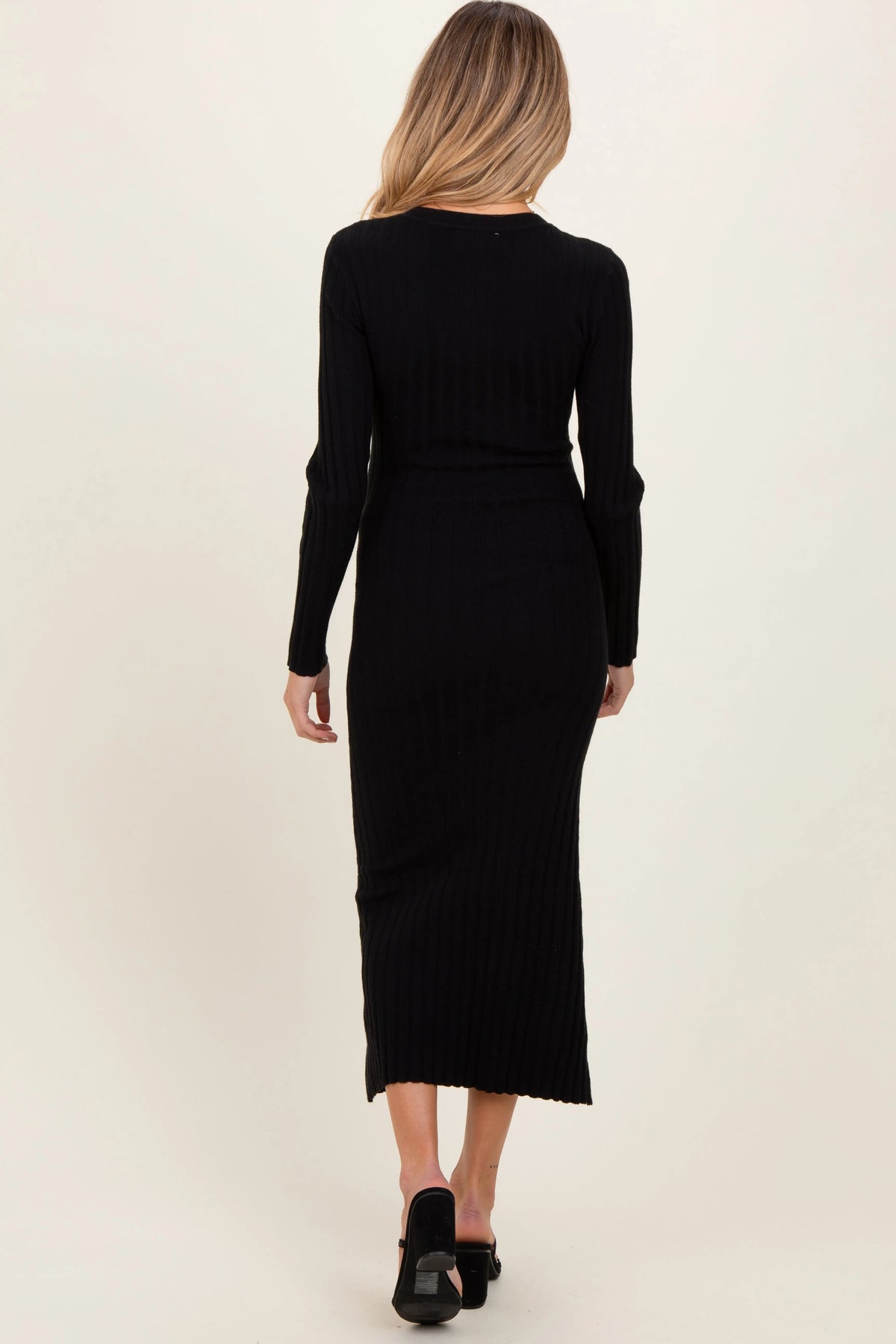 Black Ribbed Knit Fitted Maternity Midi Sweater Dress PinkBlush 