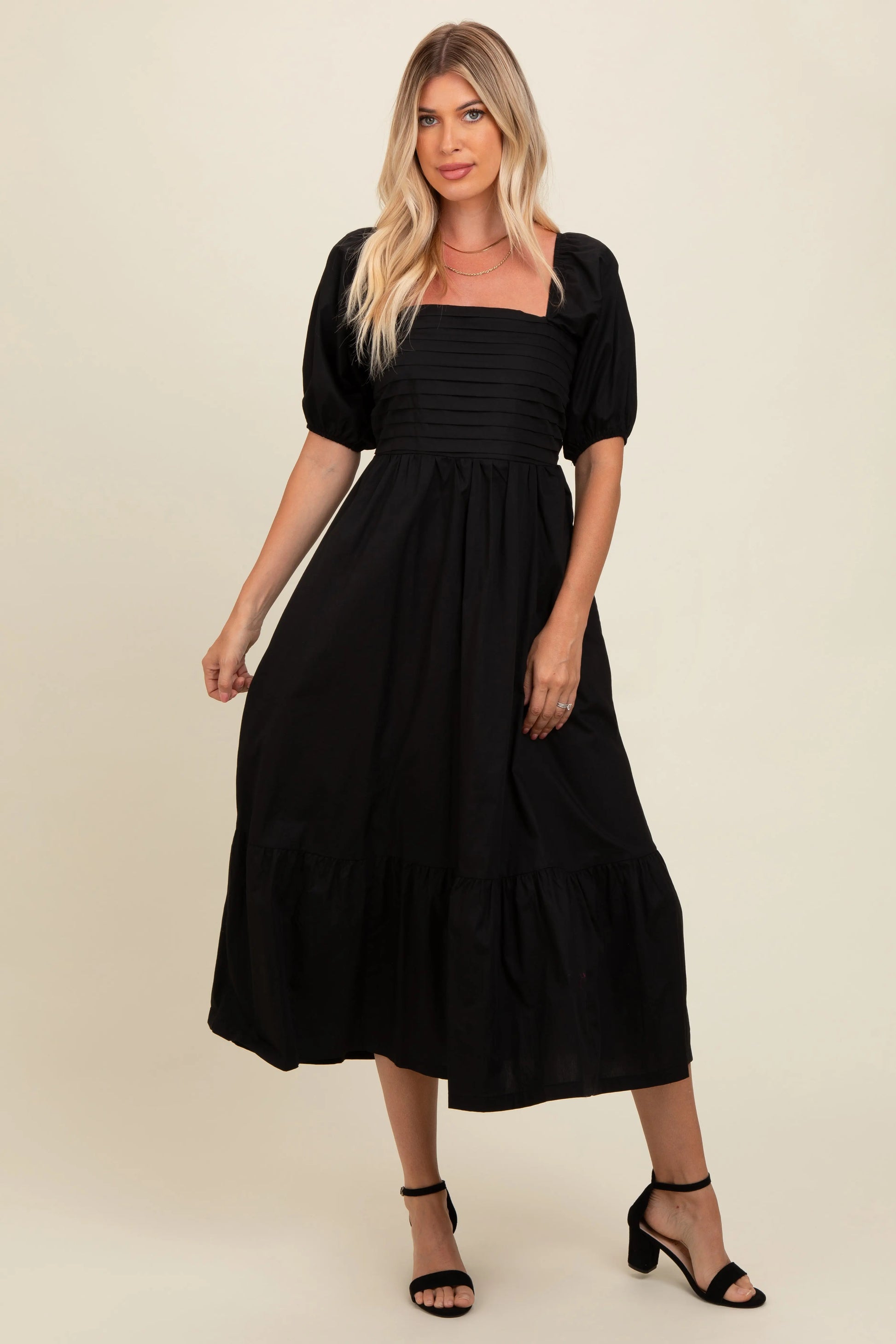 PinkBlush PinkBlush Black Pleated Bodice Puff Sleeve Midi Dress for Elegant Women - Apparel & Accessories > Clothing > Dresses