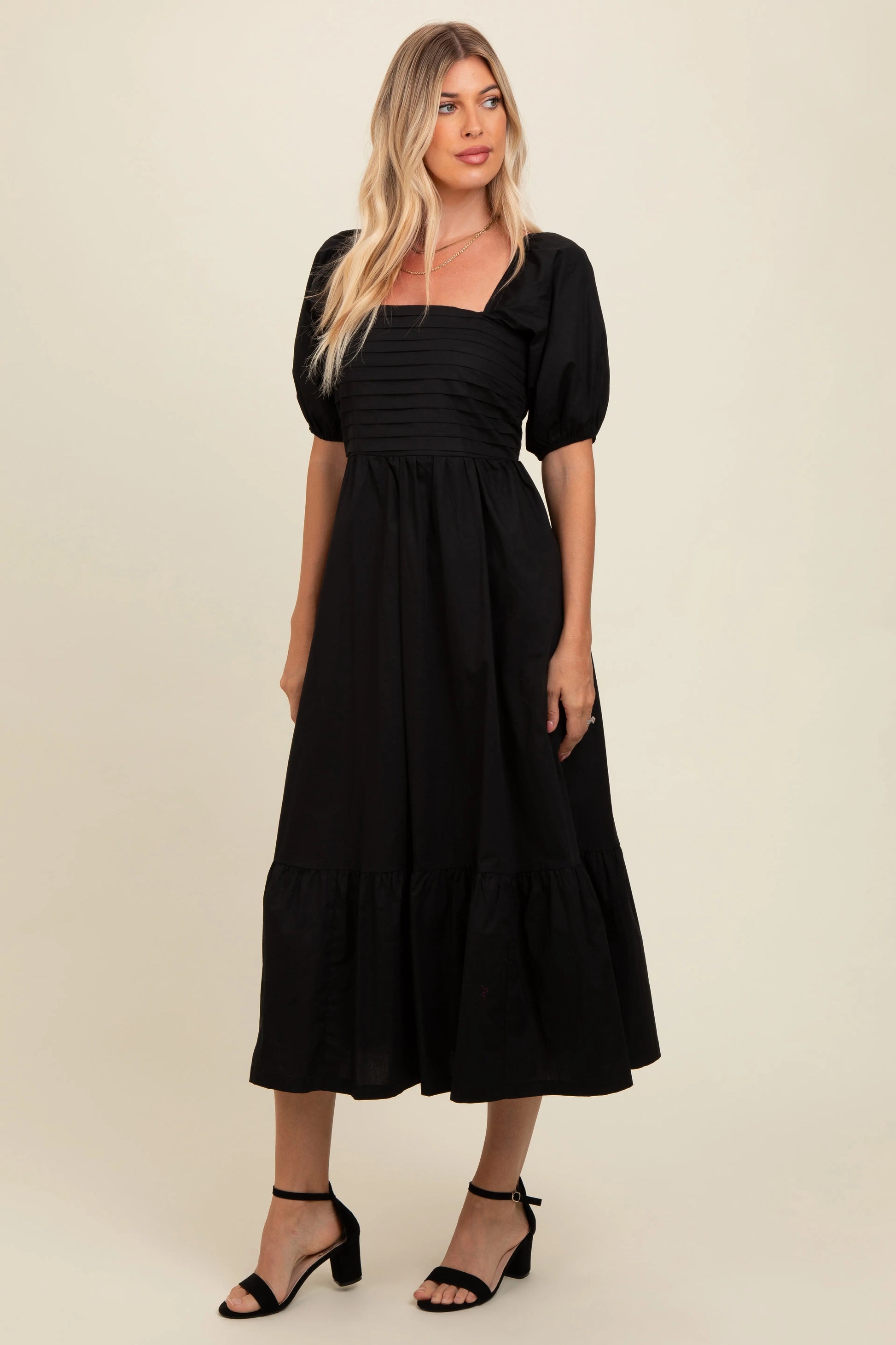 PinkBlush PinkBlush Black Pleated Bodice Puff Sleeve Midi Dress for Elegant Women - Apparel & Accessories > Clothing > Dresses