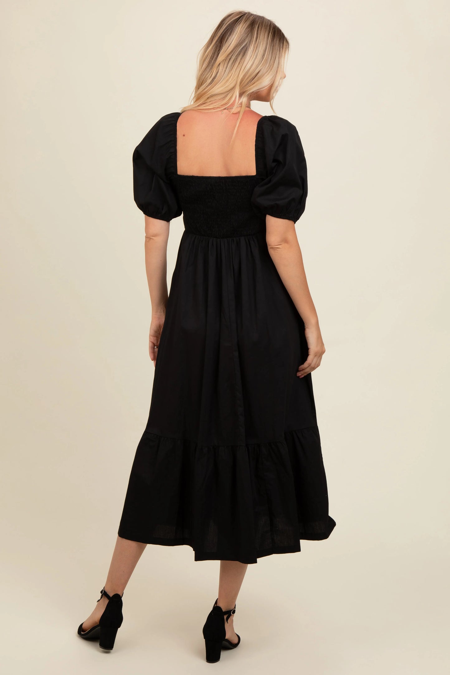 PinkBlush PinkBlush Black Pleated Bodice Puff Sleeve Midi Dress for Elegant Women - Apparel & Accessories > Clothing > Dresses