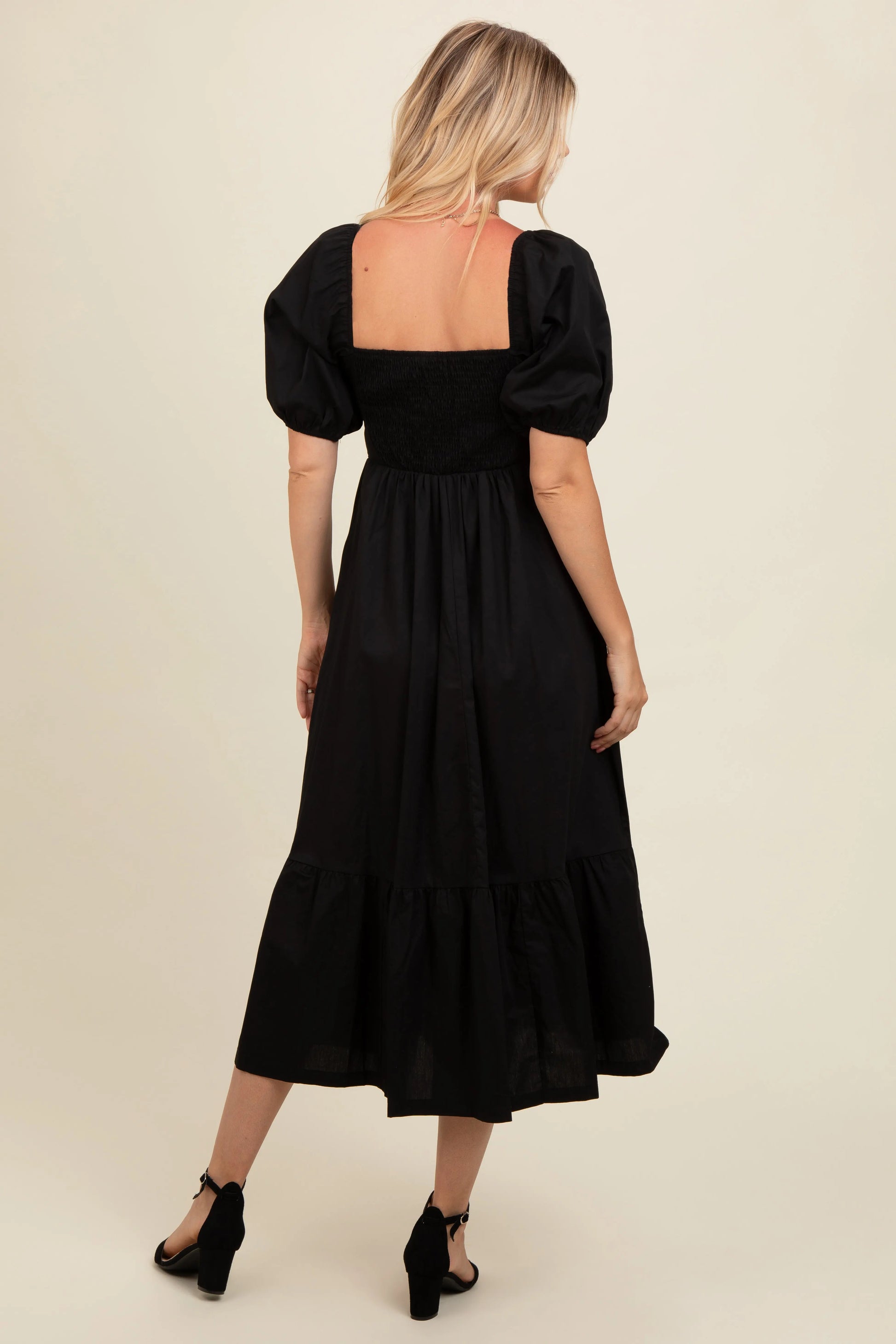 PinkBlush PinkBlush Black Pleated Bodice Puff Sleeve Midi Dress for Elegant Women - Apparel & Accessories > Clothing > Dresses