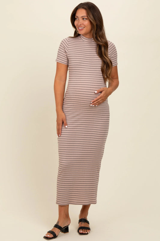 Beige Striped Mock Neck Fitted Maternity Midi Dress PinkBlush