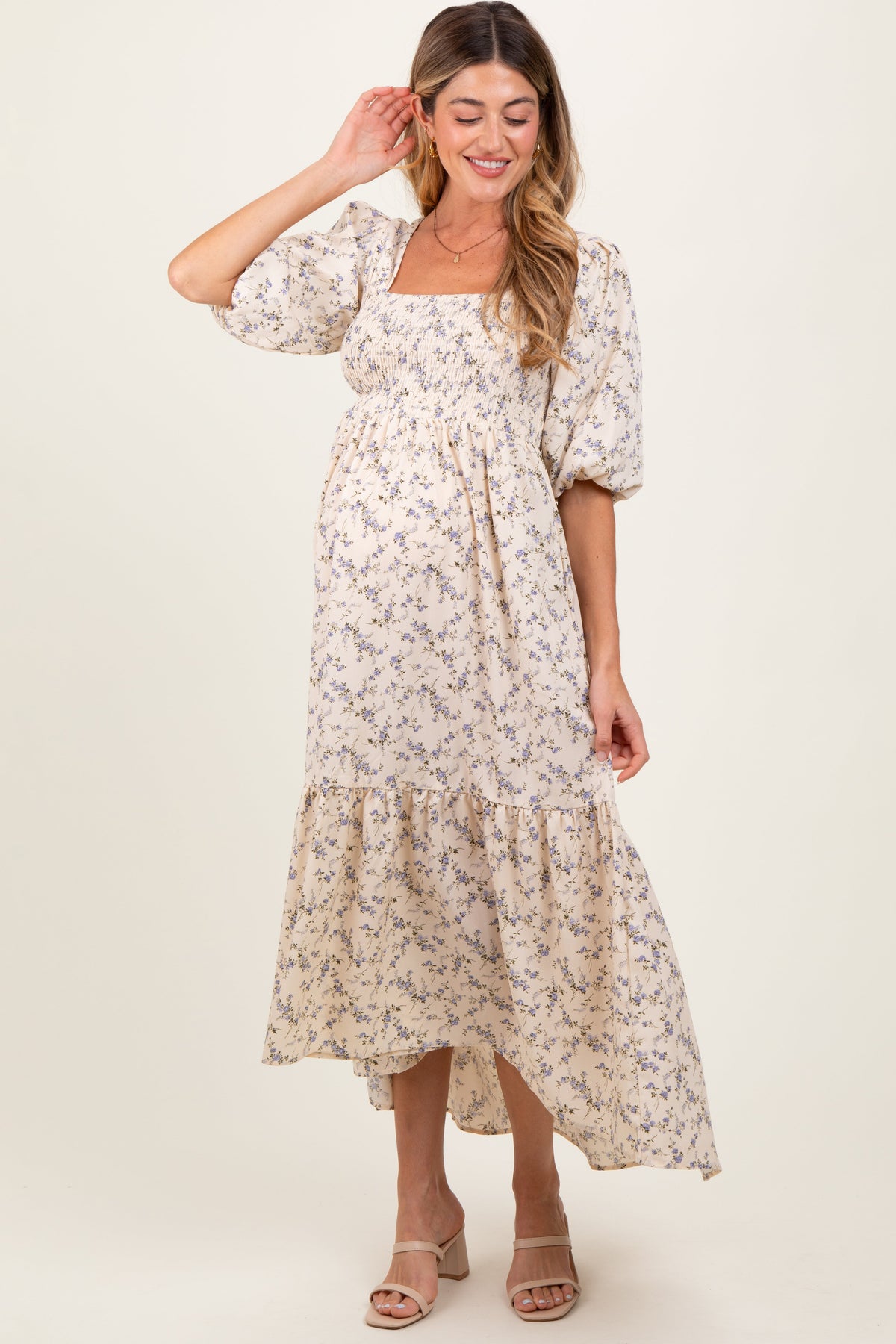 Ivory Floral Smocked Hi-Low Puff Sleeve Maternity Maxi Dress by PinkBlush at Everetts Place