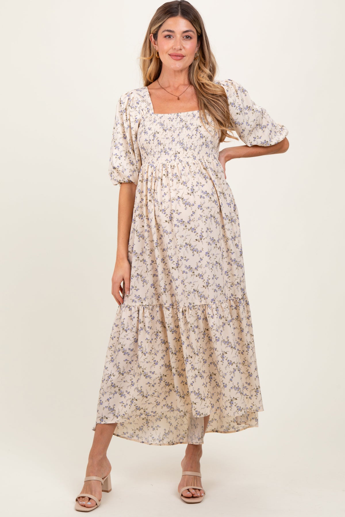 Ivory Floral Smocked Hi-Low Puff Sleeve Maternity Maxi Dress by PinkBlush at Everetts Place