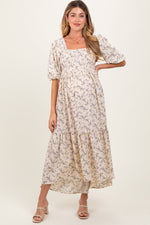 Ivory Floral Smocked Hi-Low Puff Sleeve Maternity Maxi Dress by PinkBlush at Everetts Place