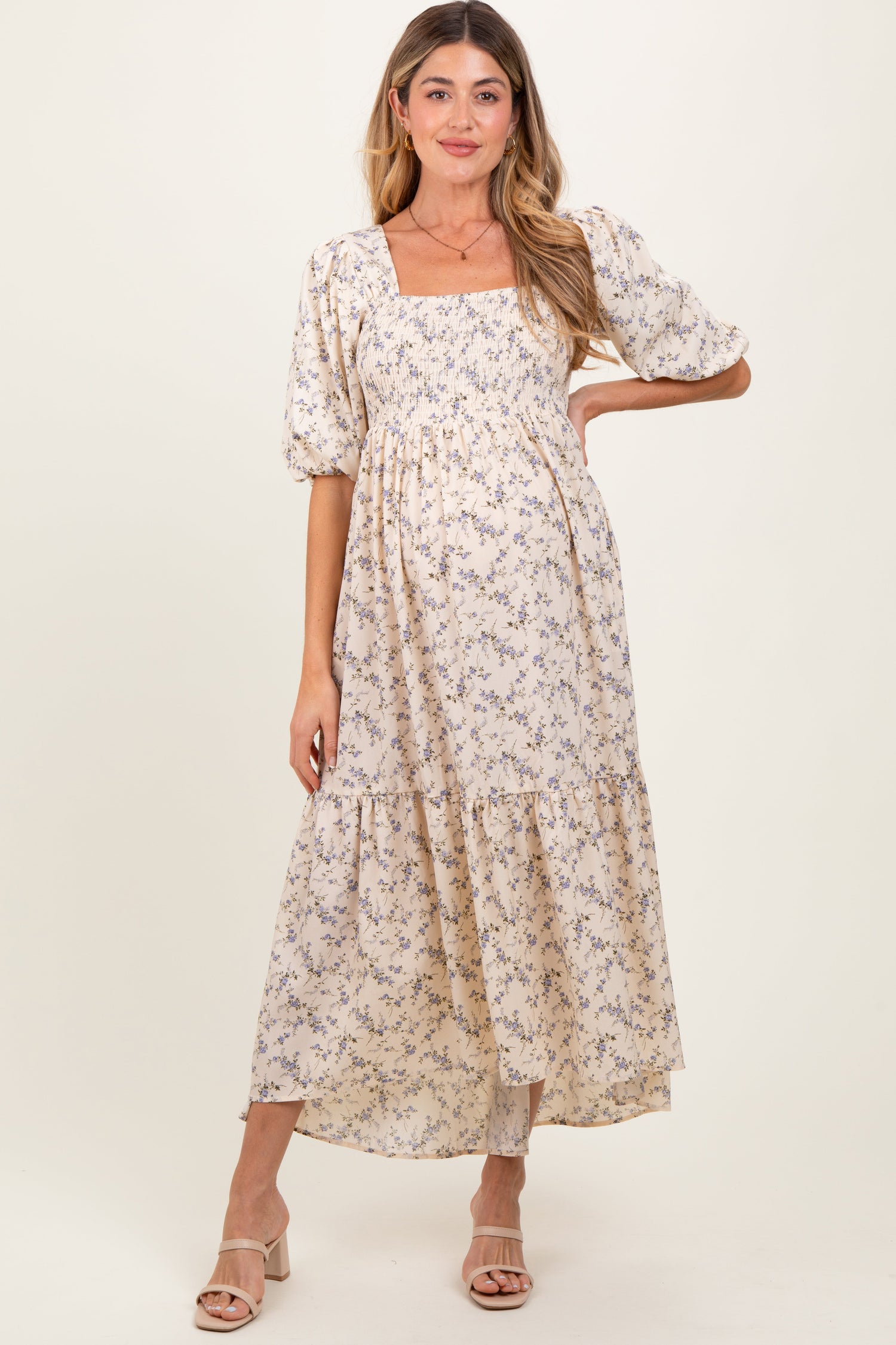 Ivory Floral Smocked Hi-Low Puff Sleeve Maternity Maxi Dress by PinkBlush at Everetts Place