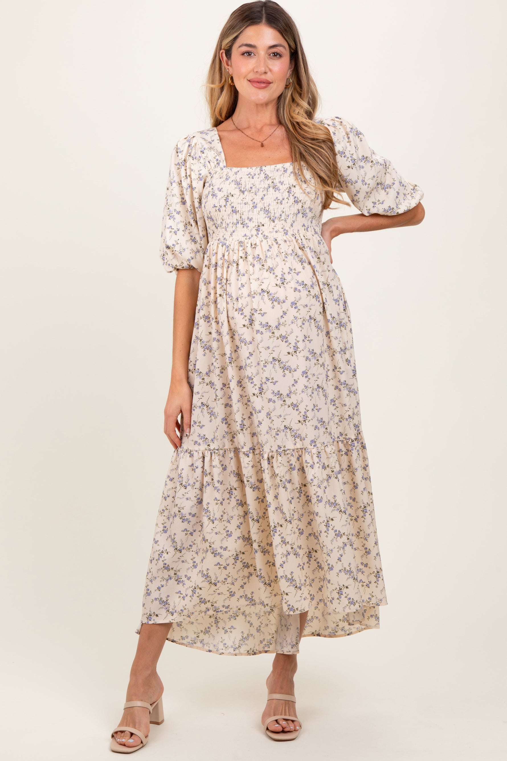 Ivory Floral Smocked Hi-Low Puff Sleeve Maternity Maxi Dress by PinkBlush at Everetts Place