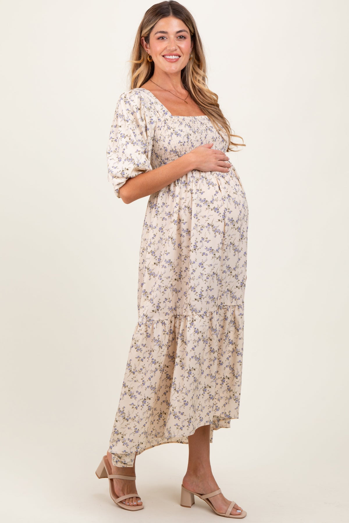 Ivory Floral Smocked Hi-Low Puff Sleeve Maternity Maxi Dress by PinkBlush at Everetts Place