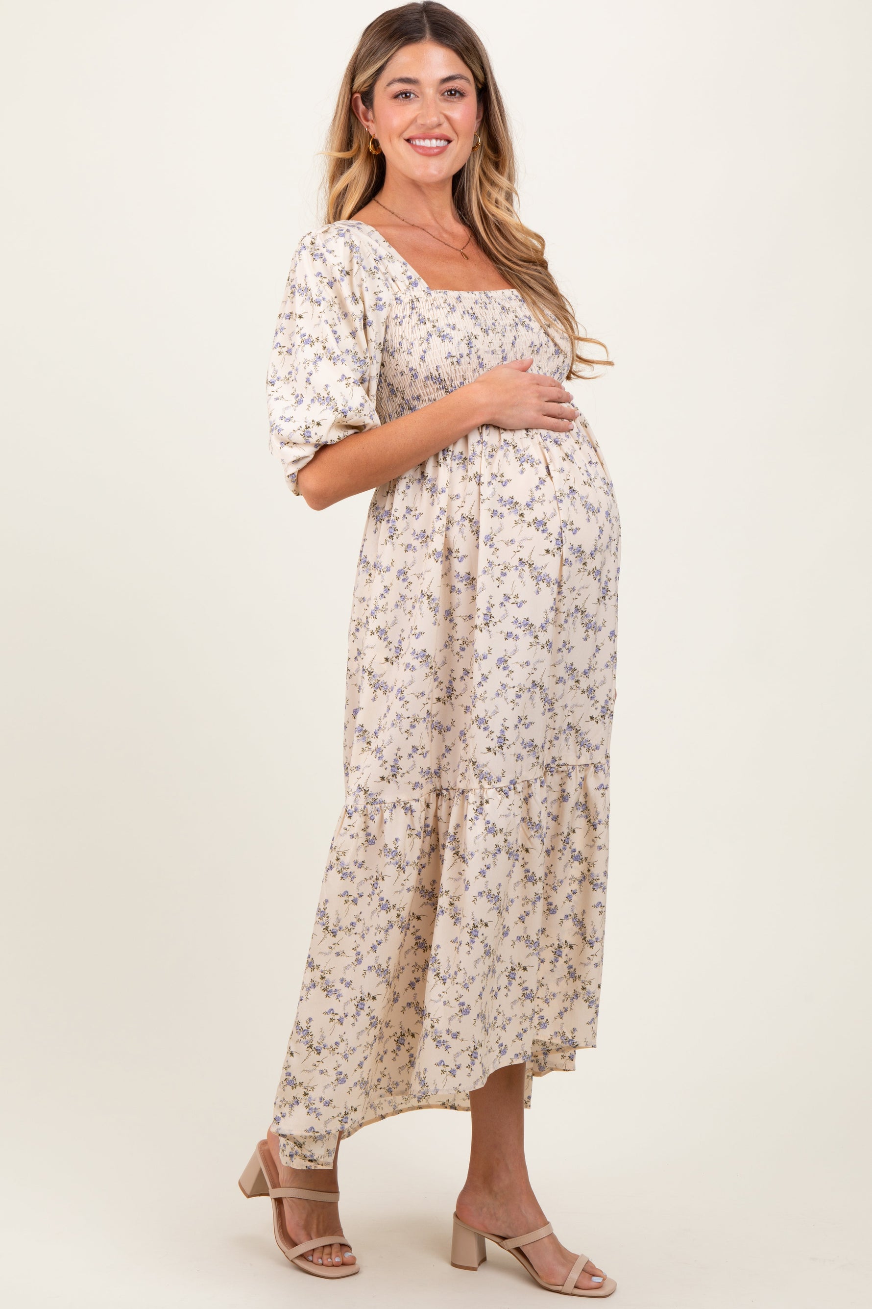 Ivory Floral Smocked Hi-Low Puff Sleeve Maternity Maxi Dress by PinkBlush at Everetts Place