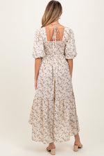 Ivory Floral Smocked Hi-Low Puff Sleeve Maternity Maxi Dress by PinkBlush at Everetts Place