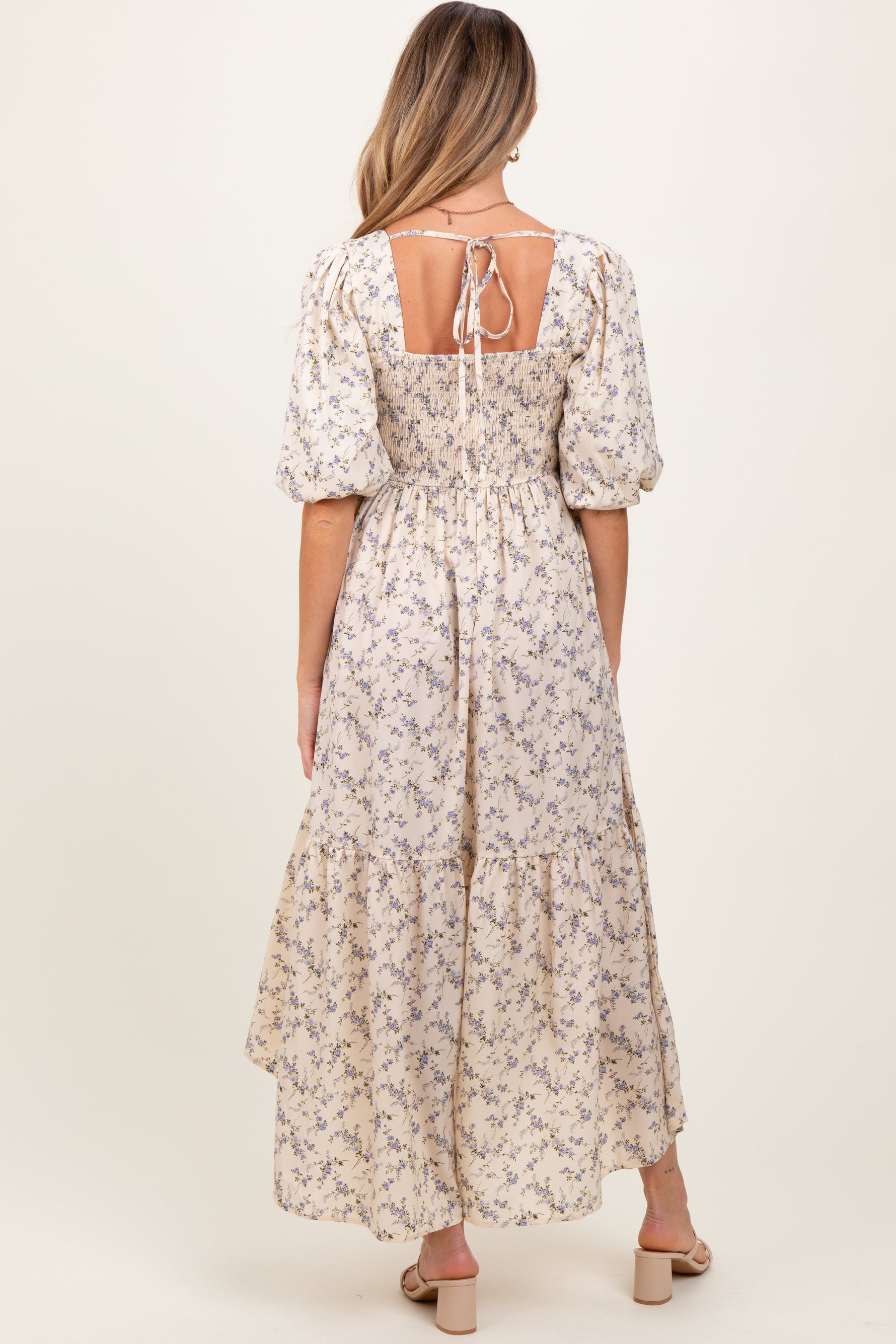 Ivory Floral Smocked Hi-Low Puff Sleeve Maternity Maxi Dress by PinkBlush at Everetts Place