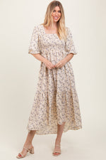 Ivory Floral Smocked Hi-Low Puff Sleeve Maternity Maxi Dress by PinkBlush at Everetts Place