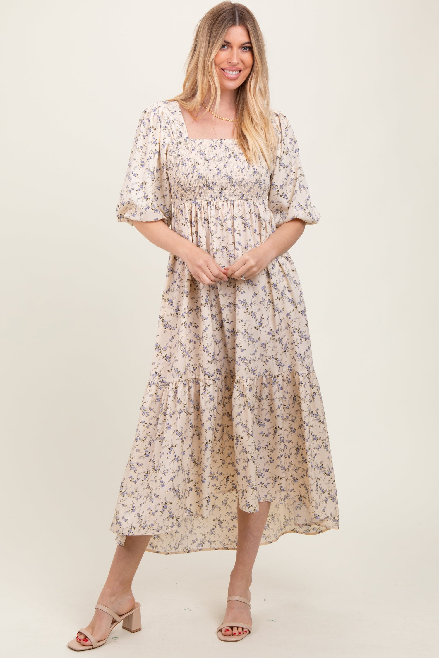 Ivory Floral Smocked Hi-Low Puff Sleeve Maxi Dress by PinkBlush at Everetts Place