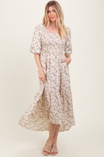 Ivory Floral Smocked Hi-Low Puff Sleeve Maxi Dress by PinkBlush at Everetts Place
