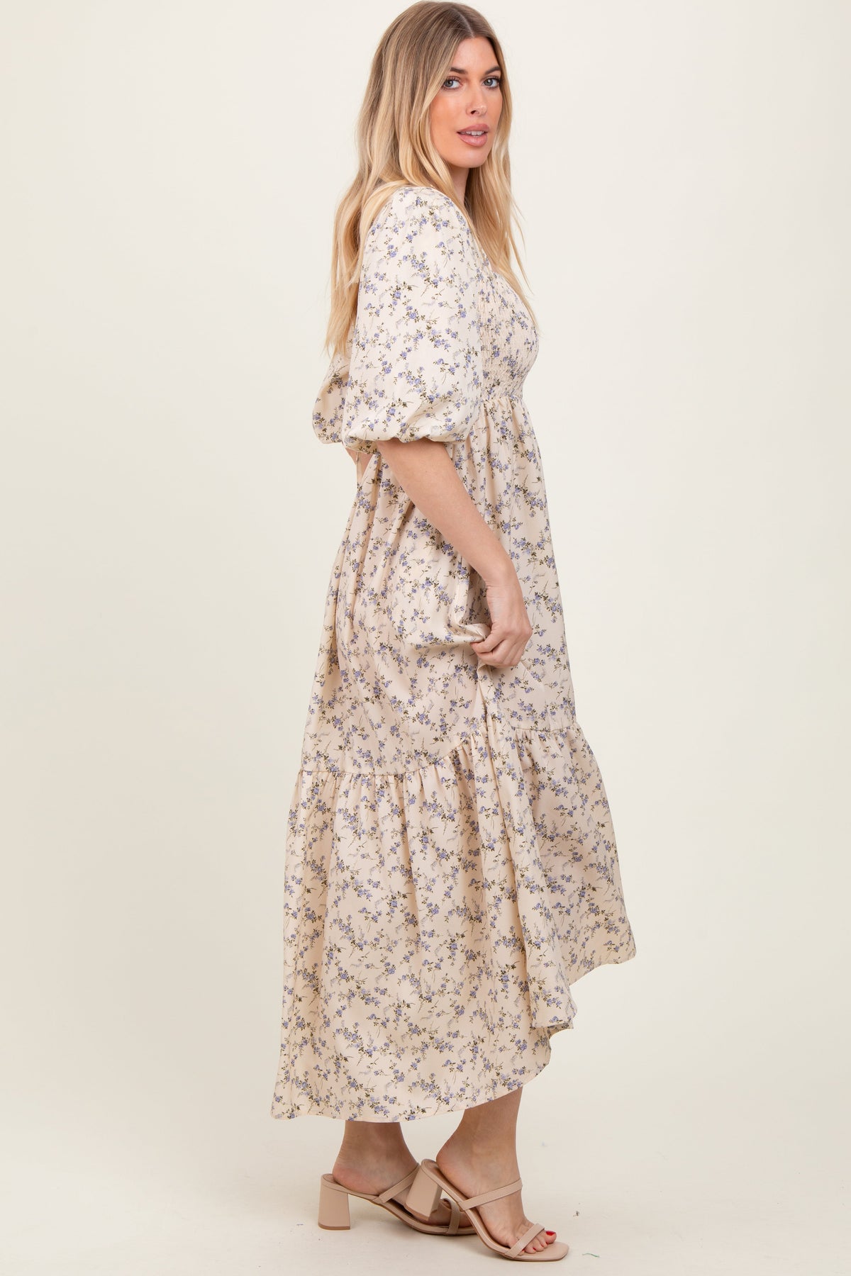 Ivory Floral Smocked Hi-Low Puff Sleeve Maxi Dress by PinkBlush at Everetts Place