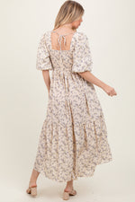 Ivory Floral Smocked Hi-Low Puff Sleeve Maxi Dress by PinkBlush at Everetts Place