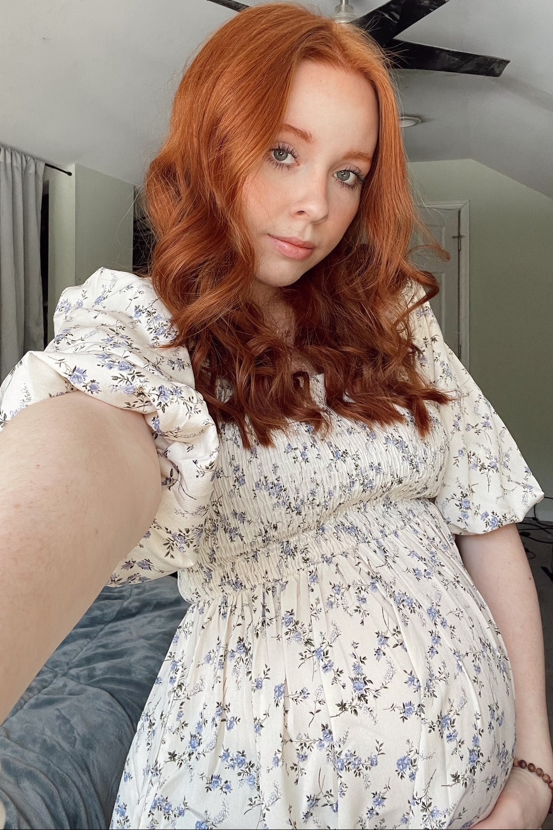 Ivory Floral Smocked Hi-Low Puff Sleeve Maternity Maxi Dress by PinkBlush at Everetts Place