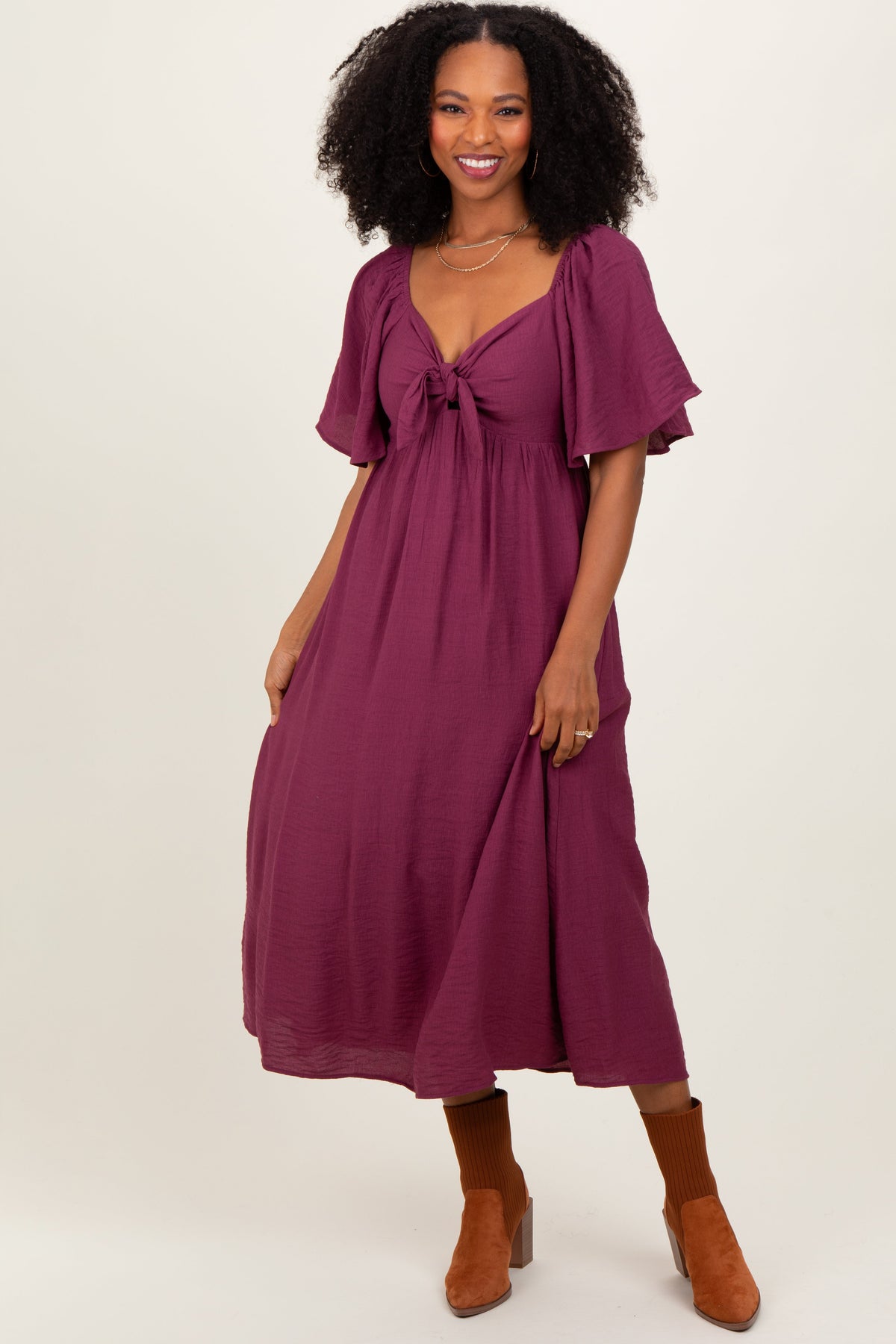 Plum Front Tie Ruffle Sleeve Maternity Midi Dress by PinkBlush at Everetts Place