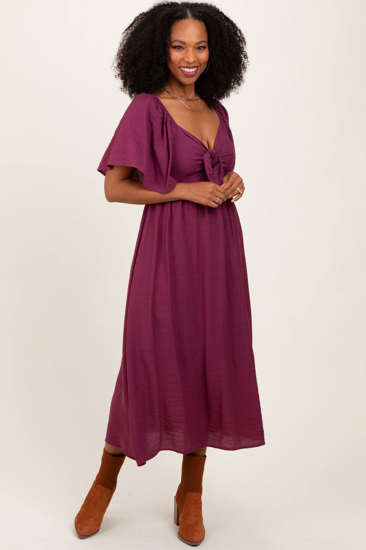 Plum Front Tie Ruffle Sleeve Midi Dress by PinkBlush at Everetts Place