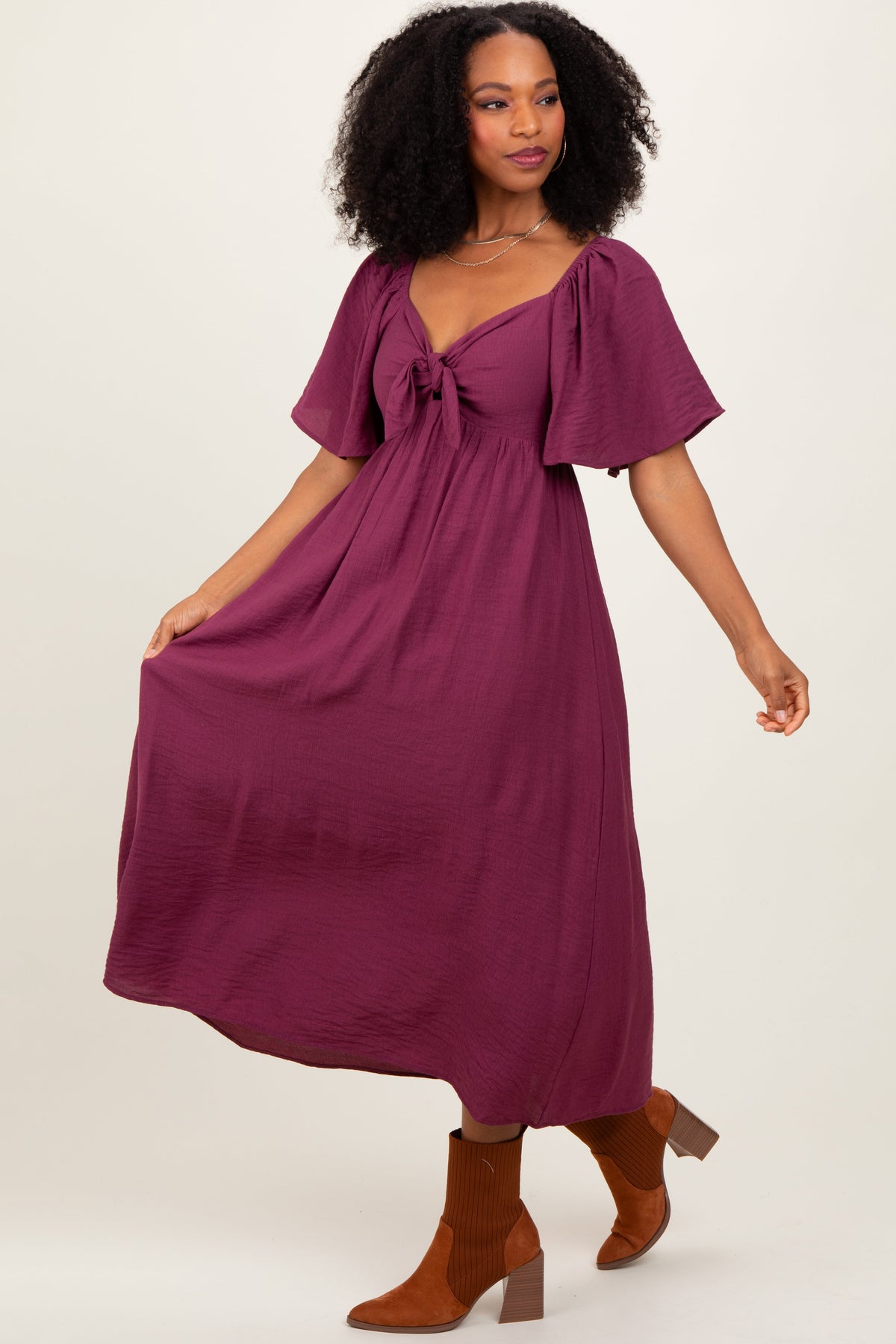 Plum Front Tie Ruffle Sleeve Midi Dress by PinkBlush at Everetts Place