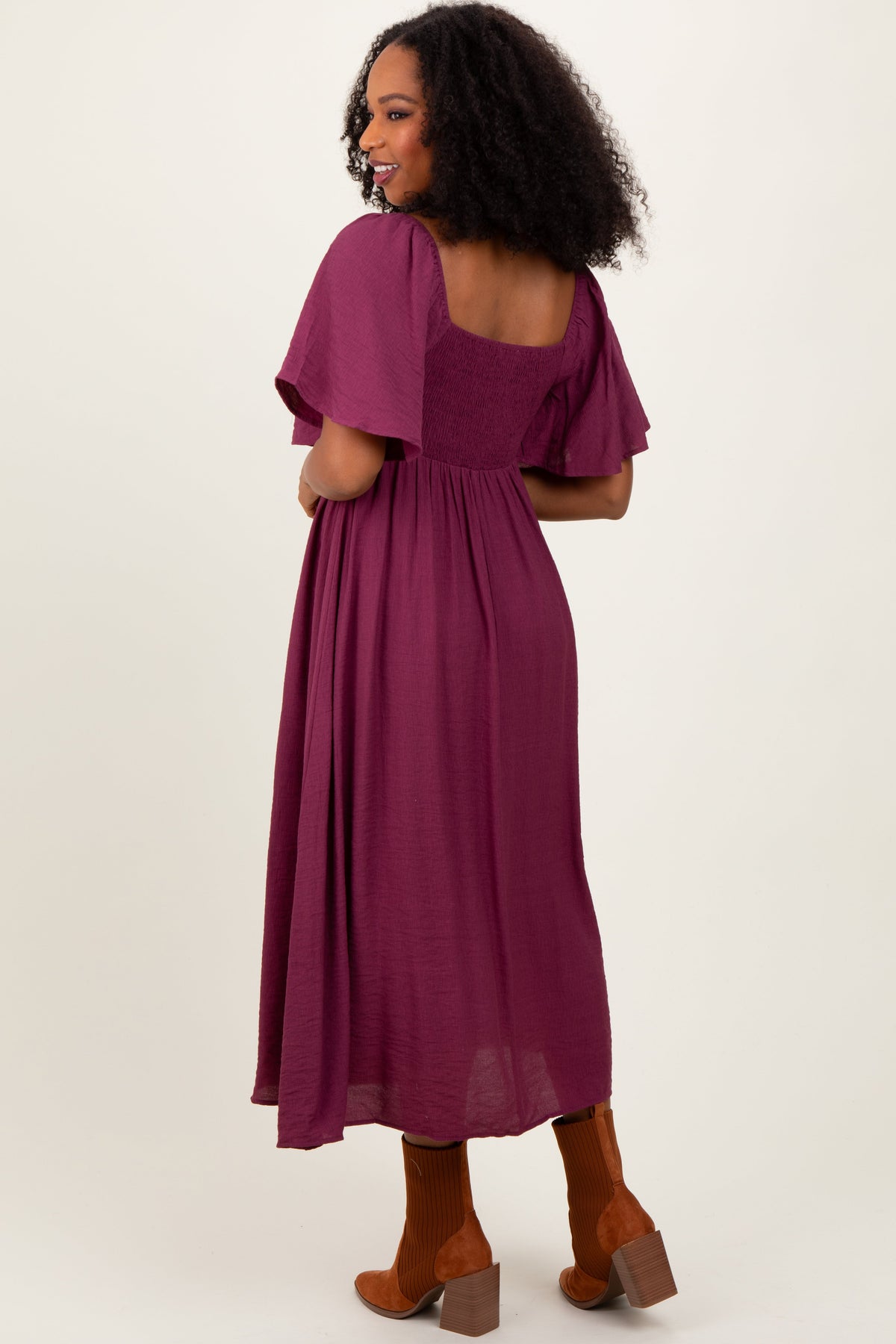 Plum Front Tie Ruffle Sleeve Midi Dress by PinkBlush at Everetts Place