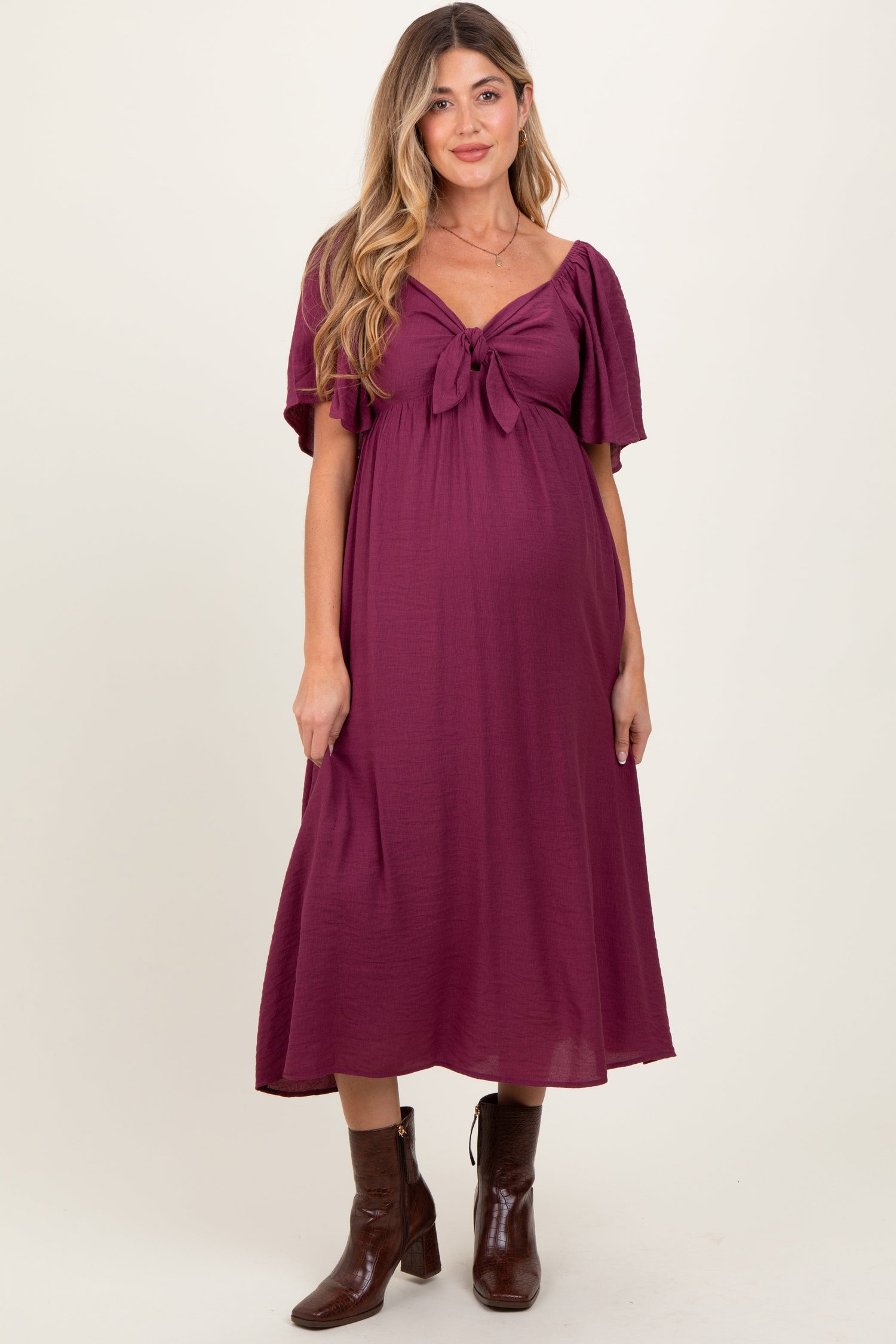 Plum Front Tie Ruffle Sleeve Maternity Midi Dress by PinkBlush at Everetts Place