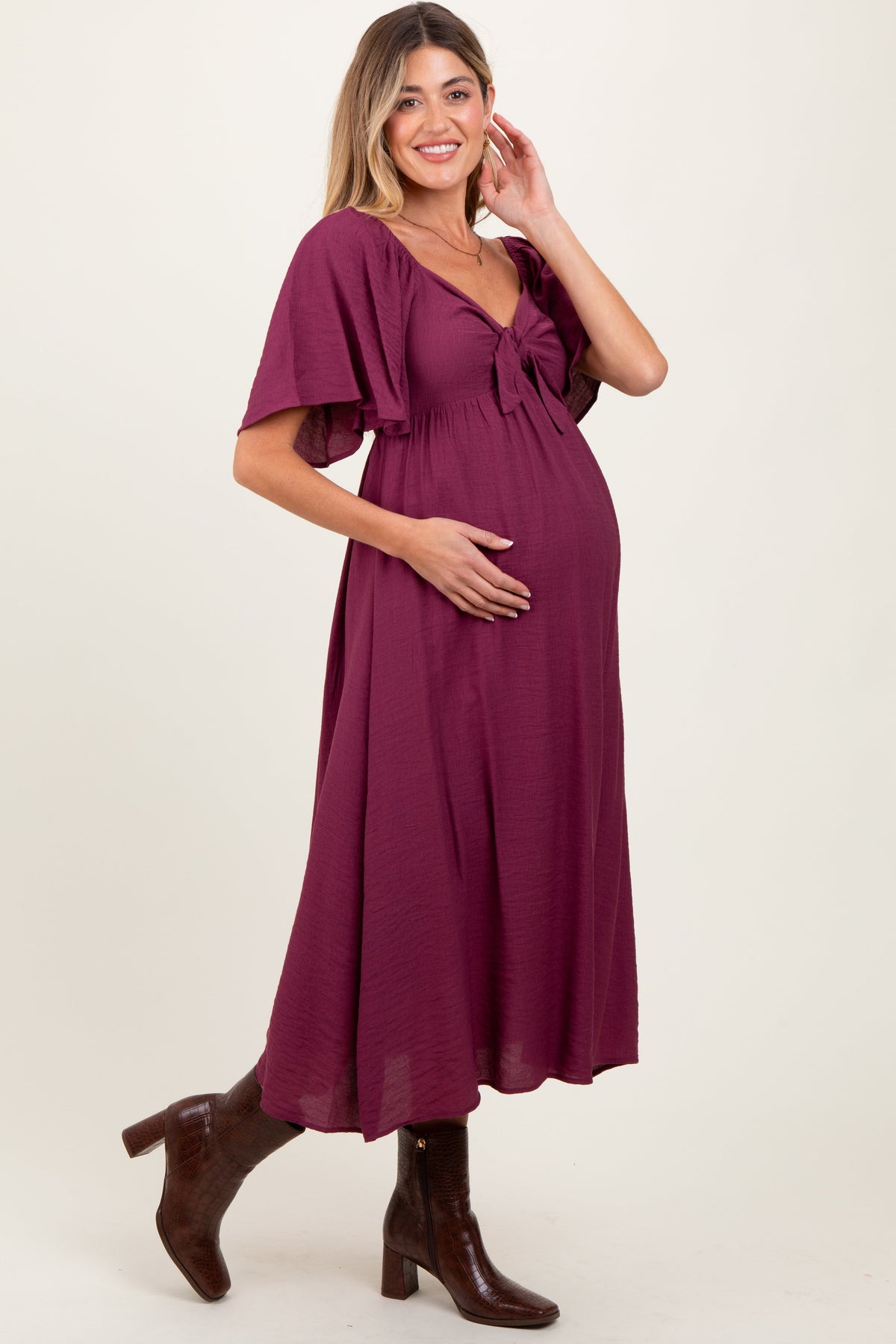 Plum Front Tie Ruffle Sleeve Maternity Midi Dress by PinkBlush at Everetts Place