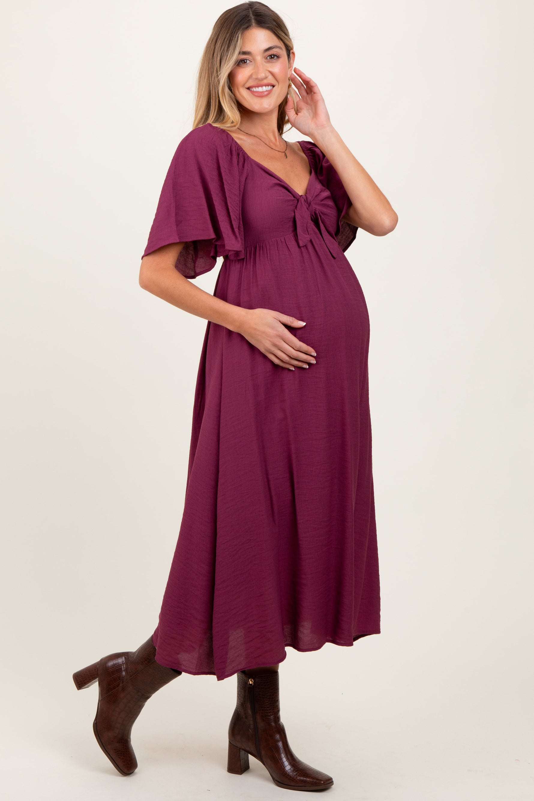 Plum Front Tie Ruffle Sleeve Maternity Midi Dress by PinkBlush at Everetts Place
