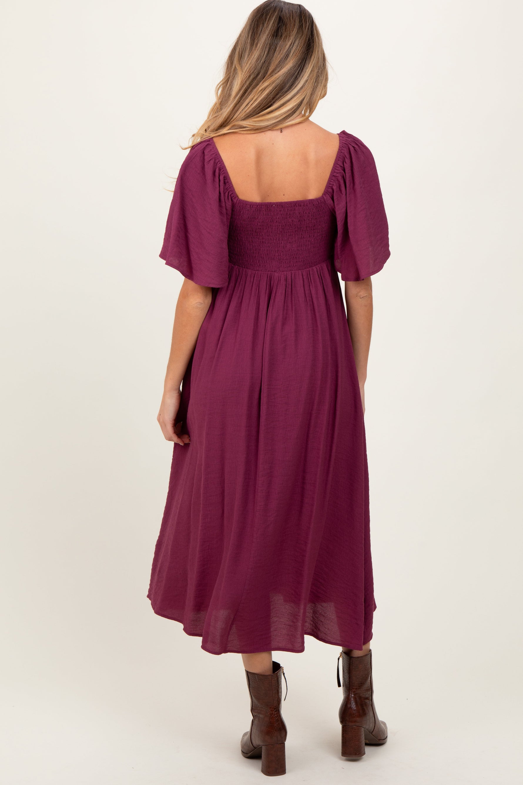 Plum Front Tie Ruffle Sleeve Maternity Midi Dress by PinkBlush at Everetts Place
