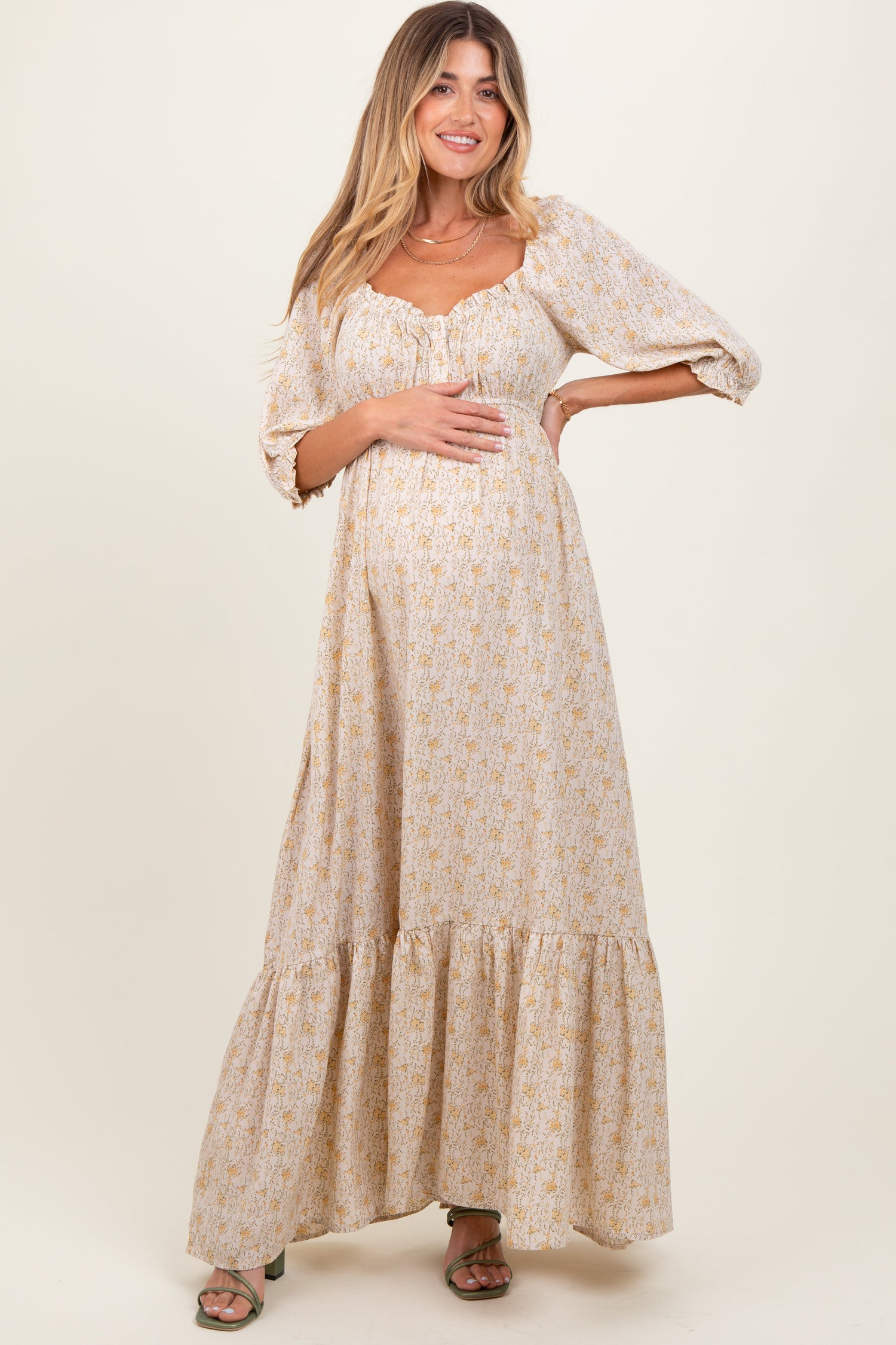 Cream Floral Sweetheart Maternity Maxi Dress