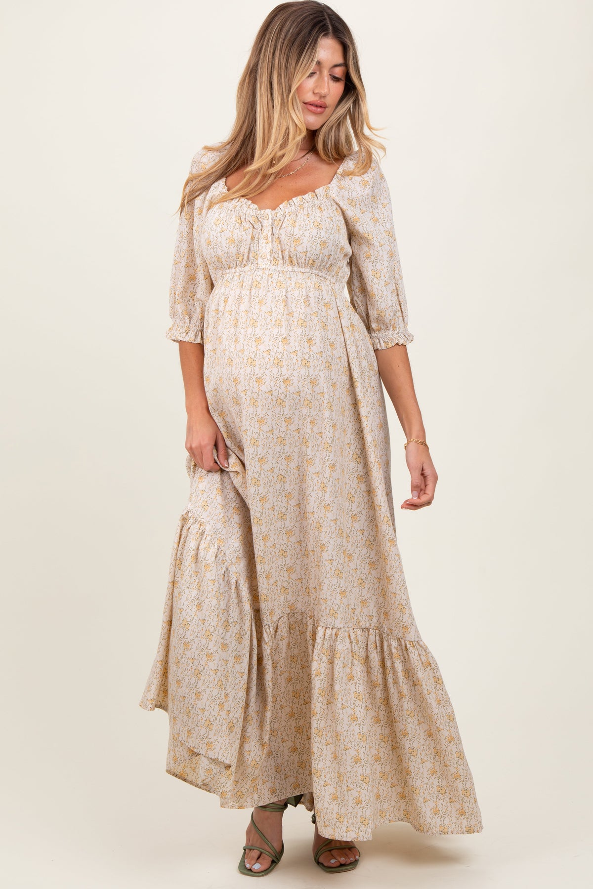 Cream Floral Sweetheart Maternity Maxi Dress by PinkBlush