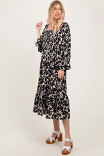 PinkBlush Elegant Black Floral Damask Print Smocked Midi Dress for Modern Women - Apparel & Accessories > Clothing > Dresses