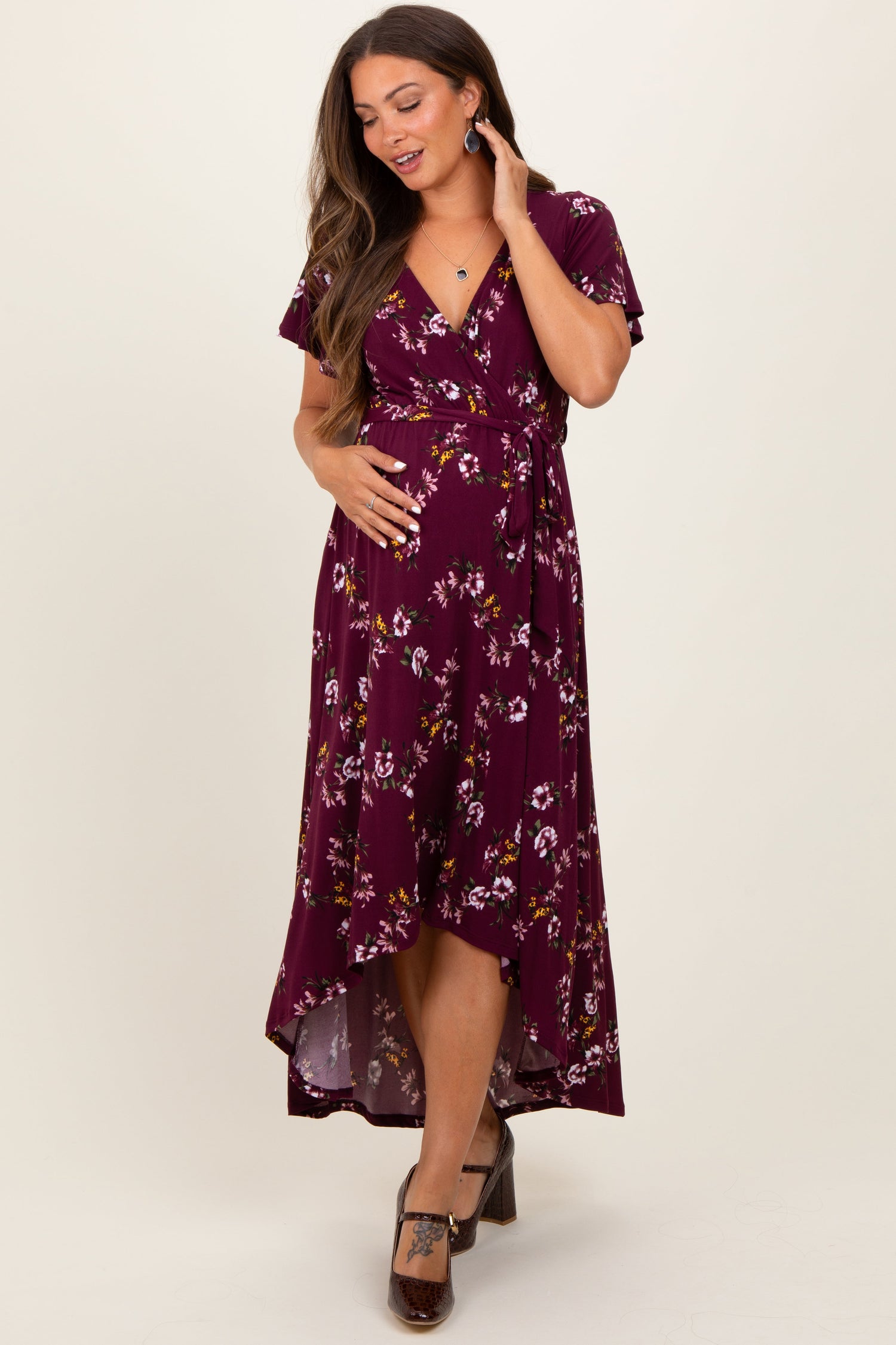 Floral Short Sleeve Wrap Hi-Low Maternity Maxi Dress