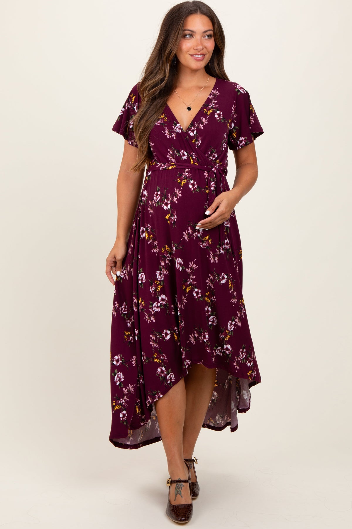 Floral Short Sleeve Wrap Hi-Low Maternity Maxi Dress