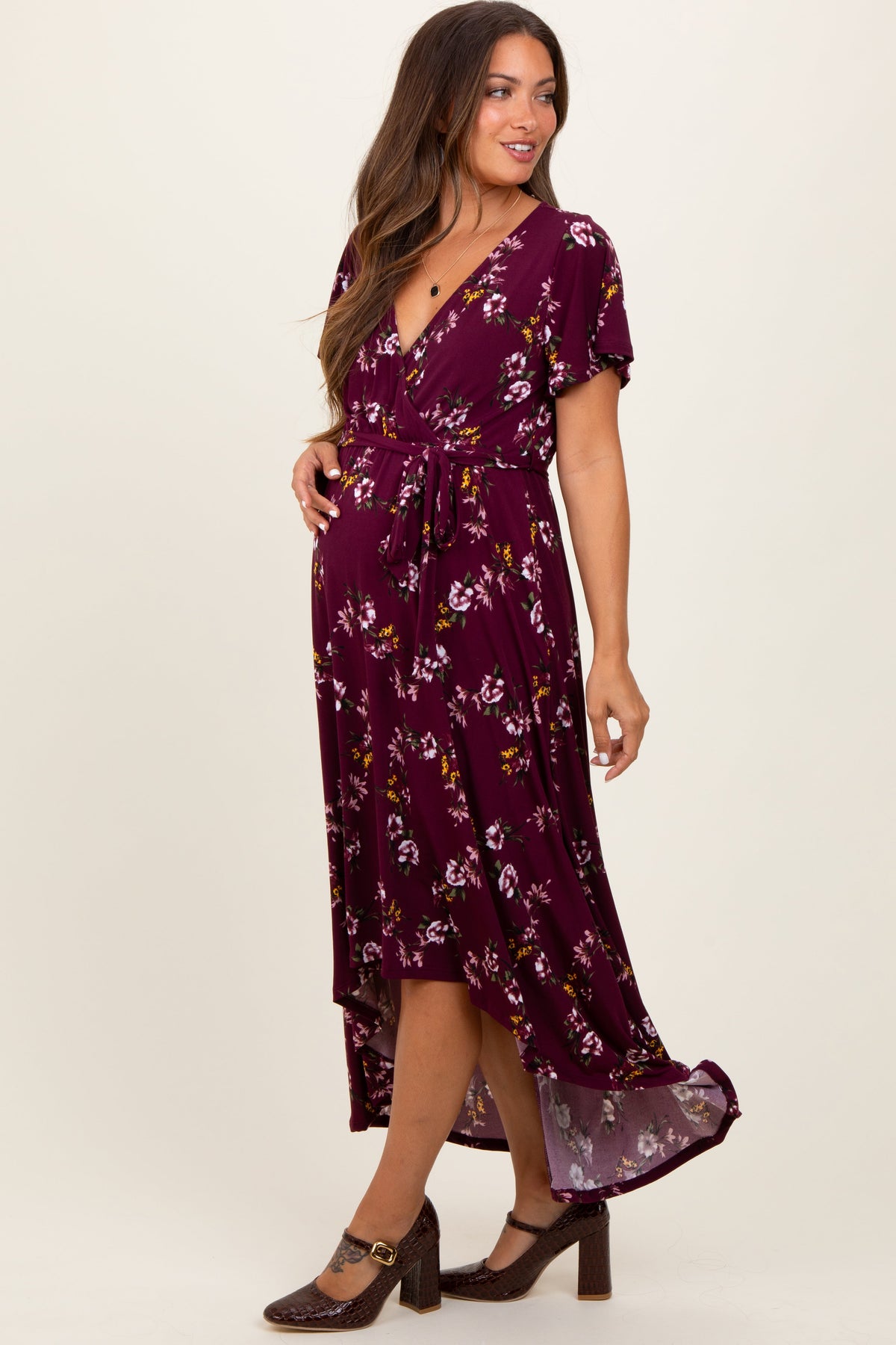PinkBlush Burgundy Floral Short Sleeve Wrap Hi-Low Maternity Maxi Dress