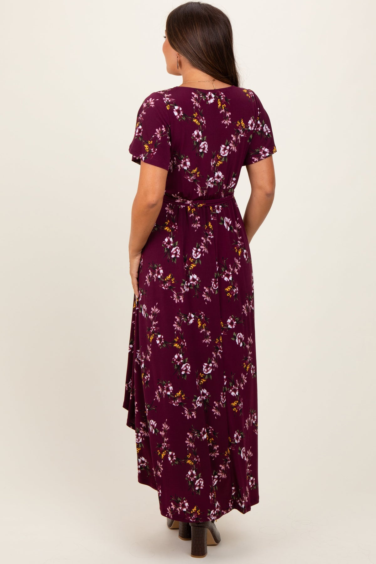 PinkBlush women's Burgundy Floral Short Sleeve Wrap Hi-Low Maternity Maxi Dress