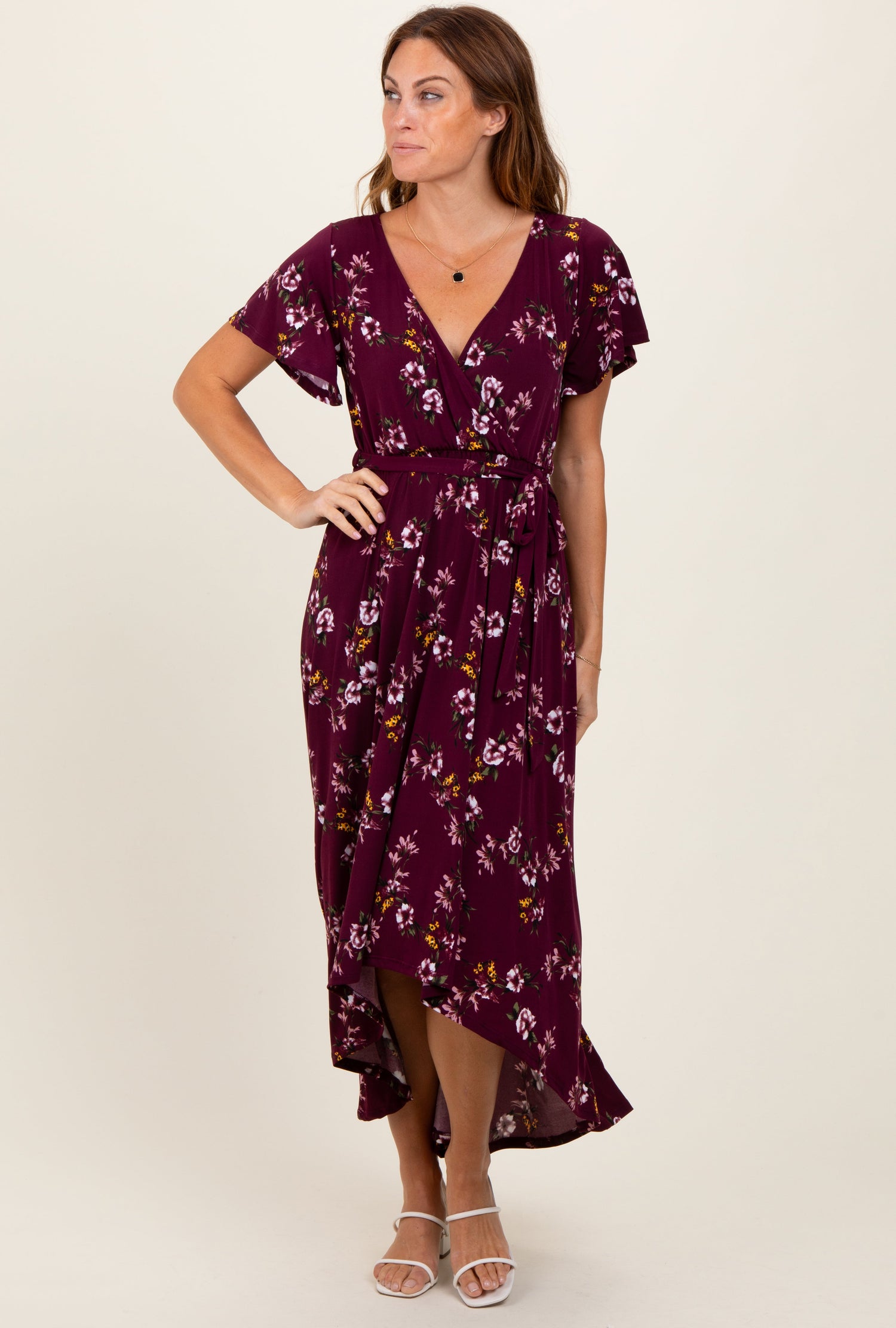 Floral Short Sleeve Wrap Hi-Low Maxi Maternity Dress — PinkBlush