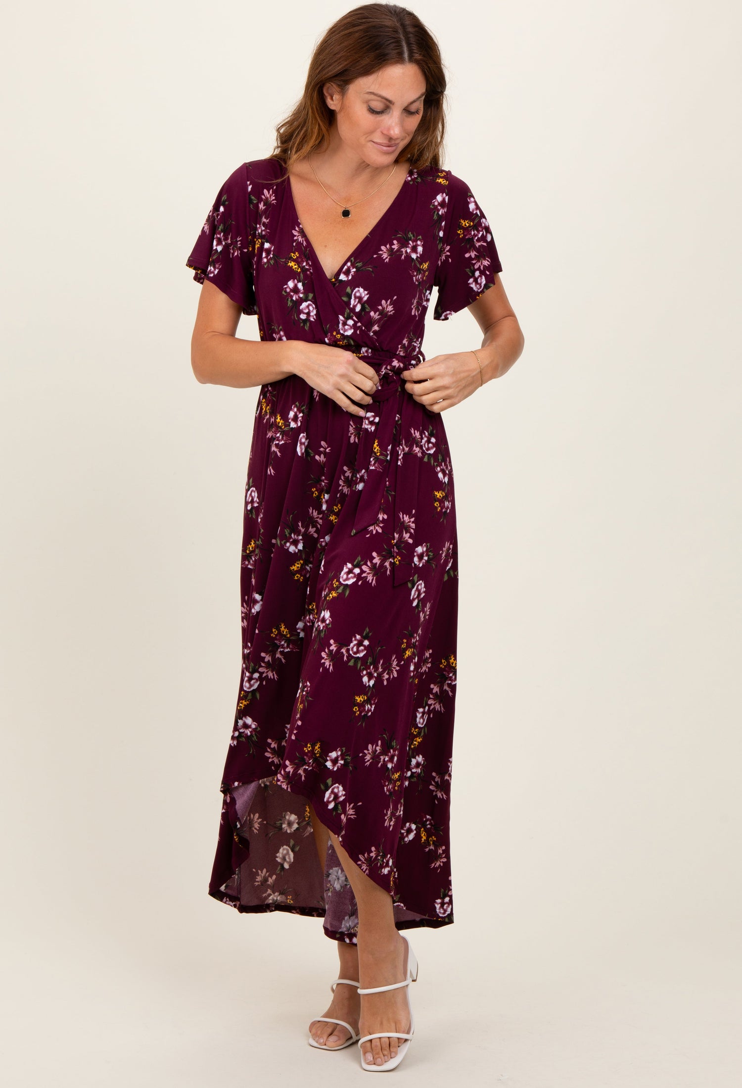 Floral Short Sleeve Wrap Hi-Low Maxi Maternity Dress — PinkBlush