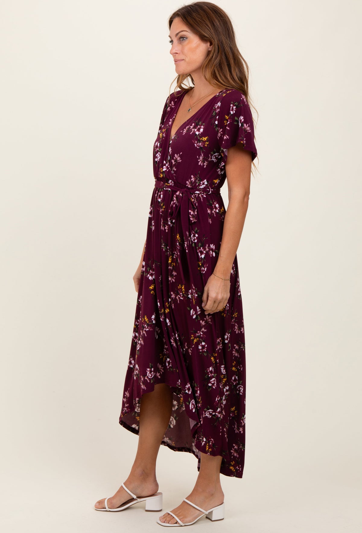 Floral Short Sleeve Wrap Hi-Low Maxi Maternity Dress by PinkBlush