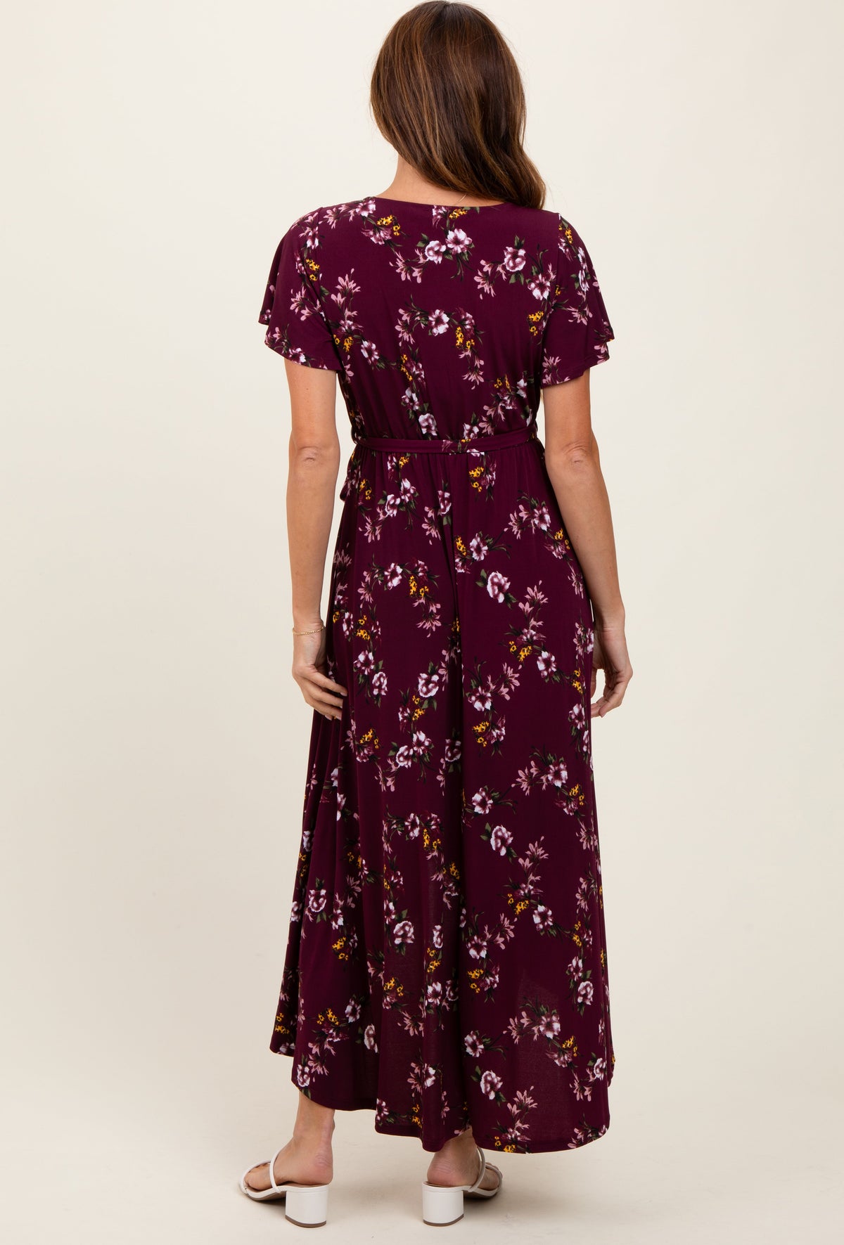 Floral Short Sleeve Wrap Hi-Low Maxi Maternity Dress by PinkBlush