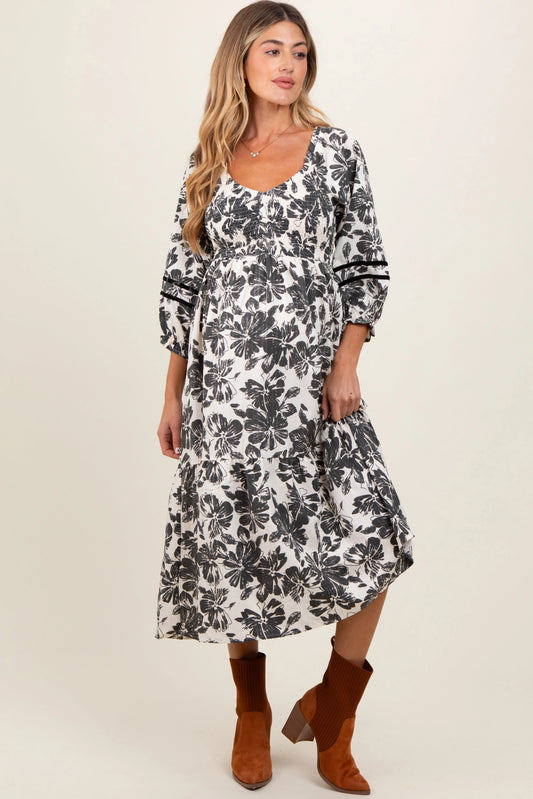 PinkBlush PinkBlush Cream Floral Smocked Maternity Midi Dress for Expecting Mothers - Apparel & Accessories > Clothing > Dresses
