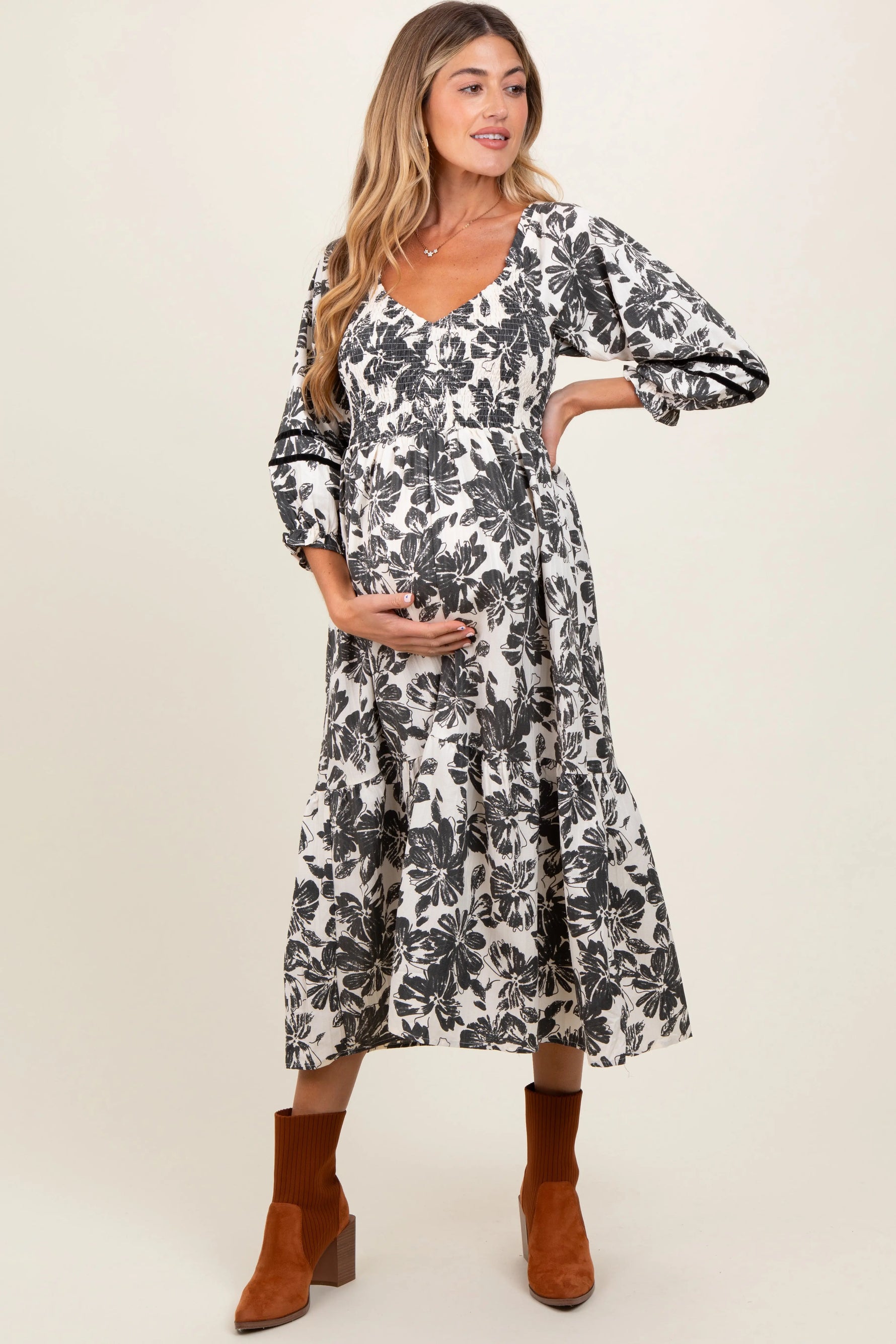 PinkBlush PinkBlush Cream Floral Smocked Maternity Midi Dress for Expecting Mothers - Apparel & Accessories > Clothing > Dresses