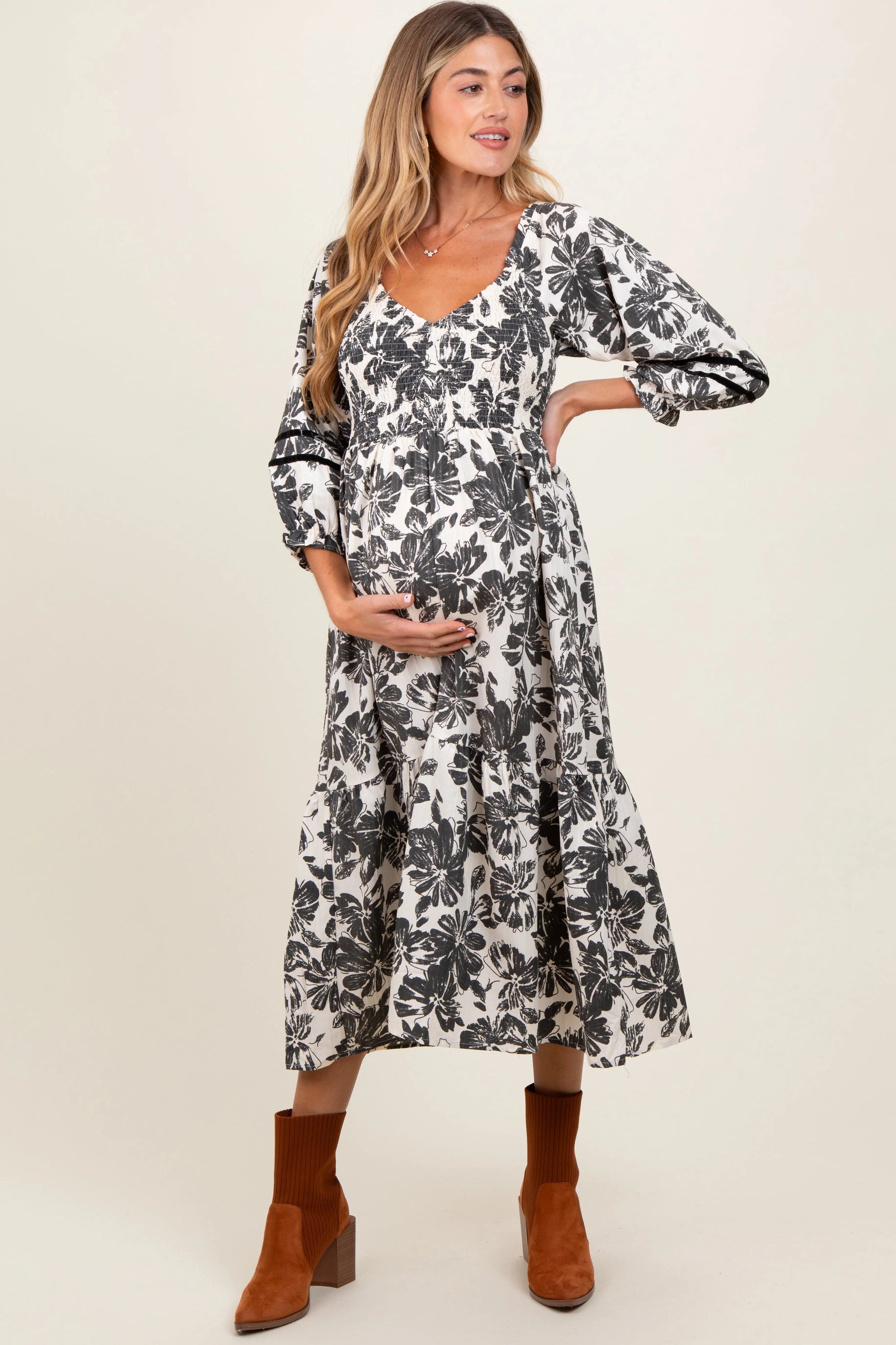 PinkBlush PinkBlush Cream Floral Smocked Maternity Midi Dress for Expecting Mothers - Apparel & Accessories > Clothing > Dresses