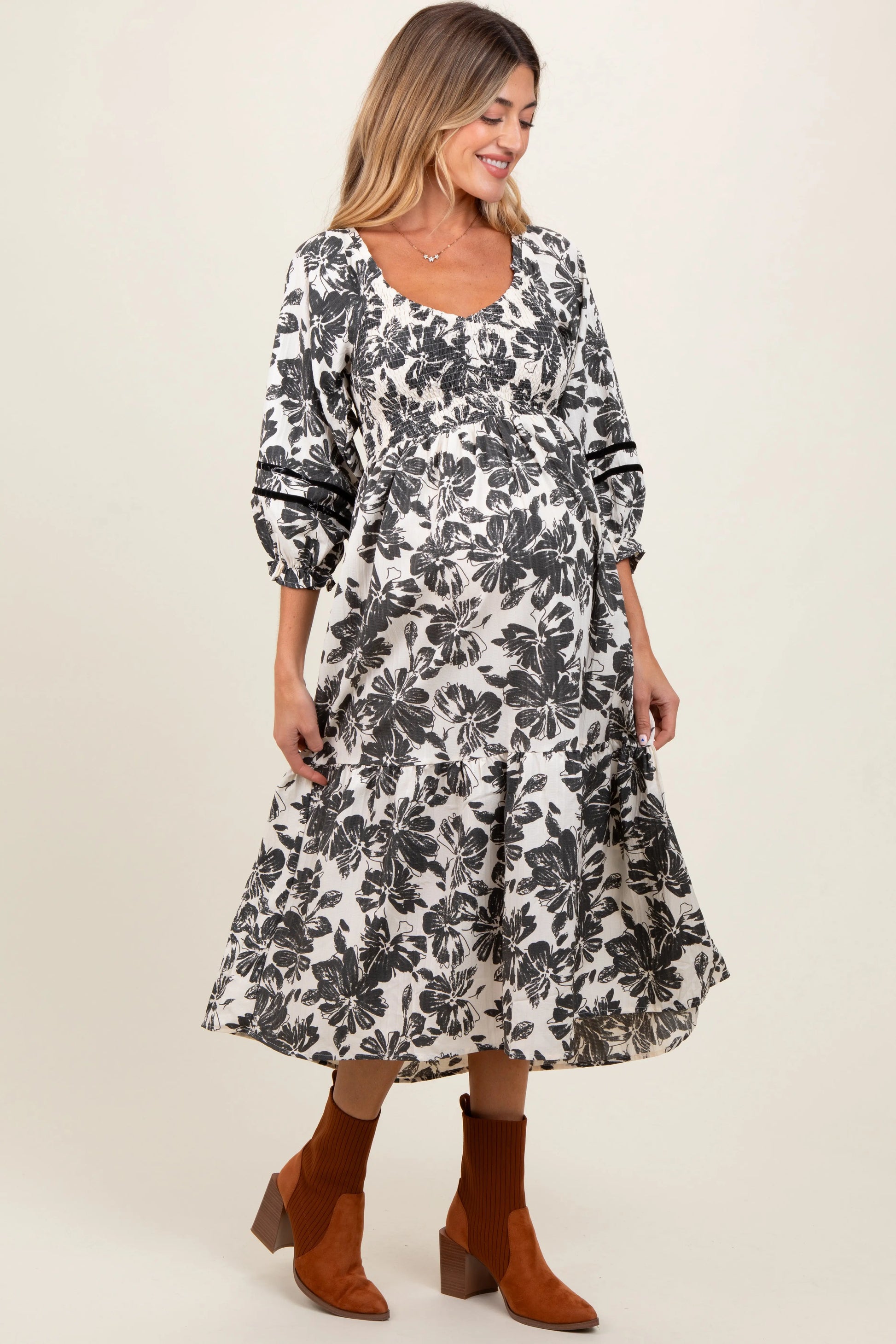 PinkBlush PinkBlush Cream Floral Smocked Maternity Midi Dress for Expecting Mothers - Apparel & Accessories > Clothing > Dresses