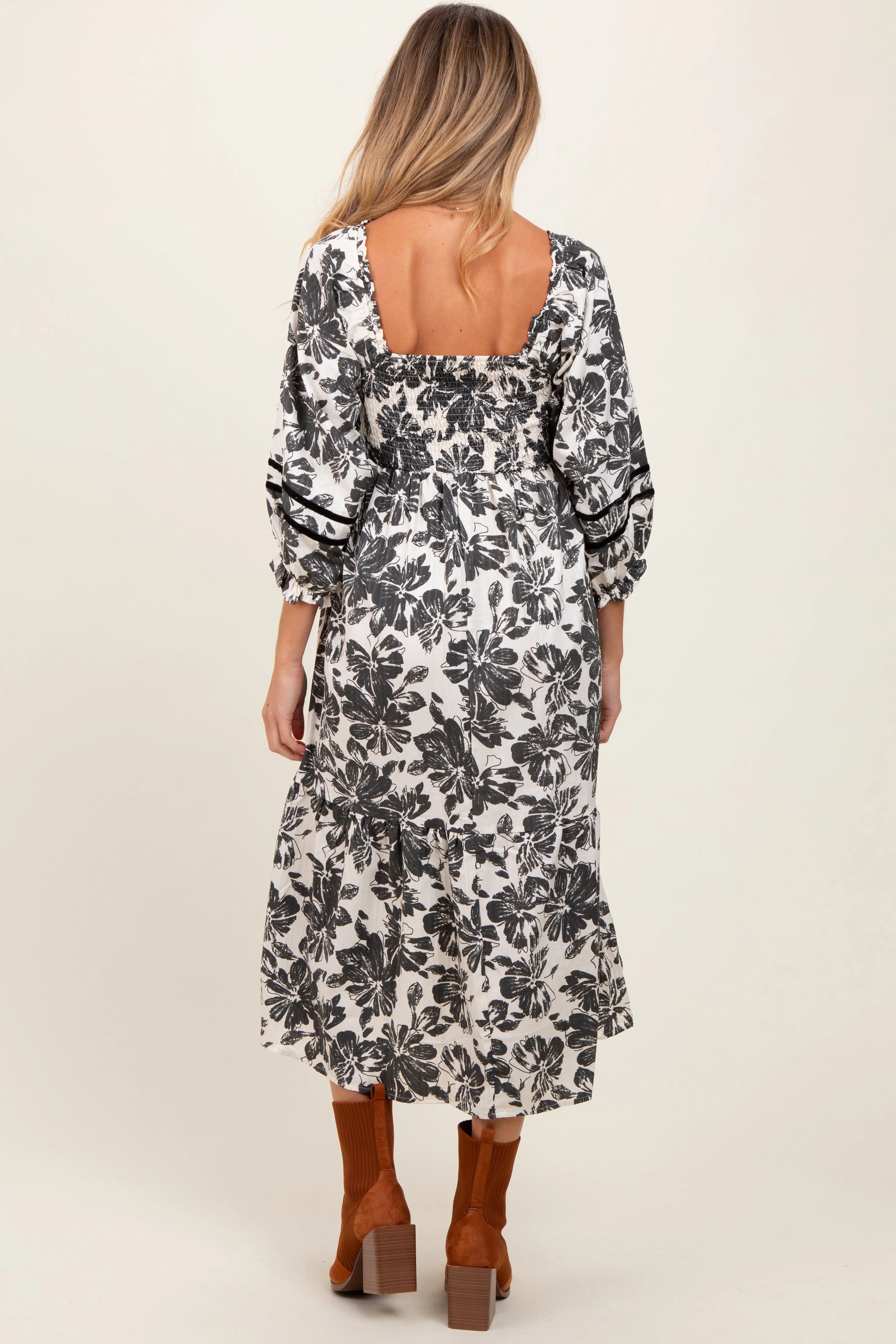 PinkBlush PinkBlush Cream Floral Smocked Maternity Midi Dress for Expecting Mothers - Apparel & Accessories > Clothing > Dresses