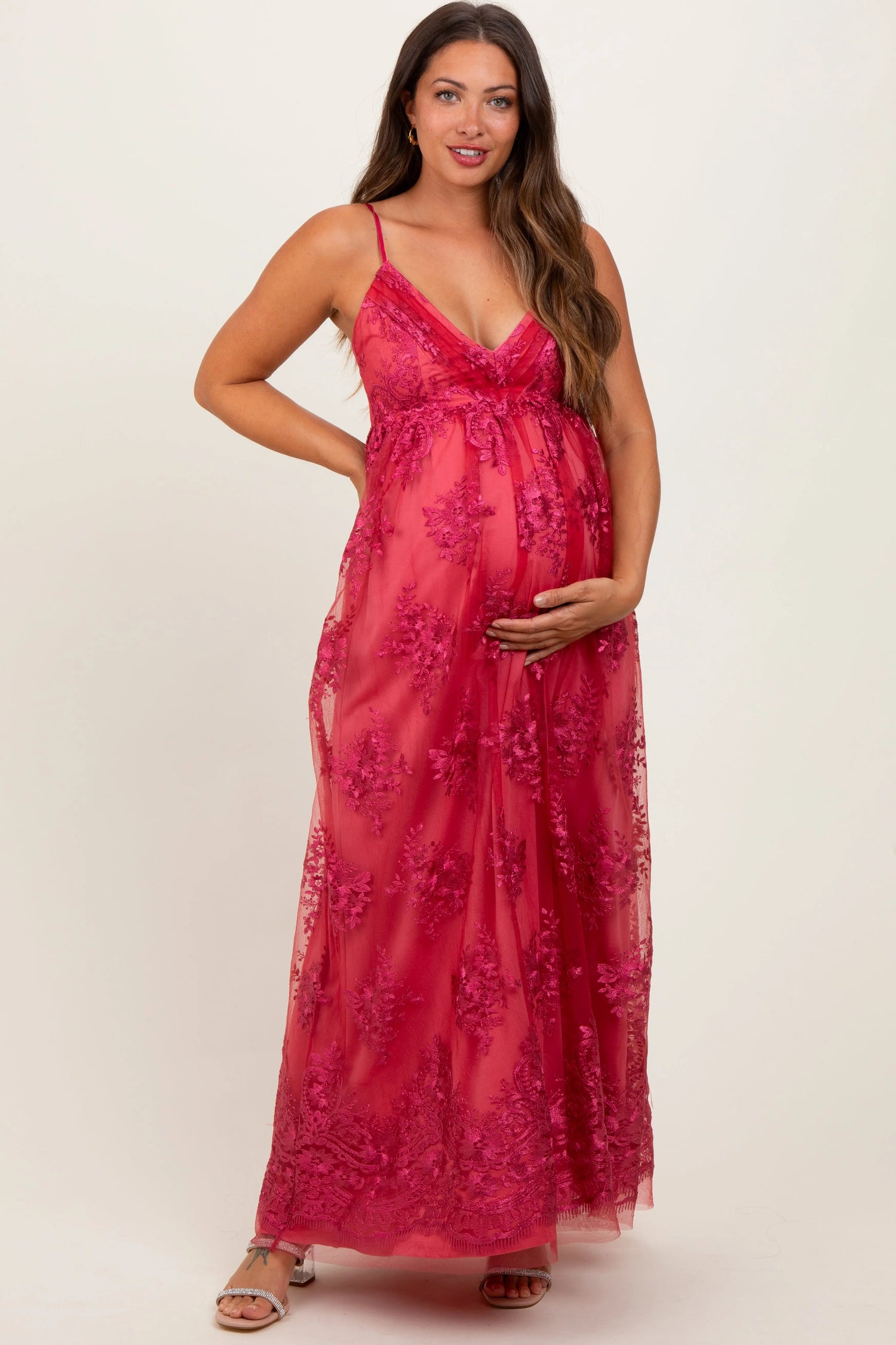 PinkBlush PinkBlush Red Floral Lace Overlay Maternity Maxi Dress for Expecting Mothers - Apparel & Accessories > Clothing > Maternity Clothing > Maternity Dresses Apparel & Accessories > Clothing > Dresses
