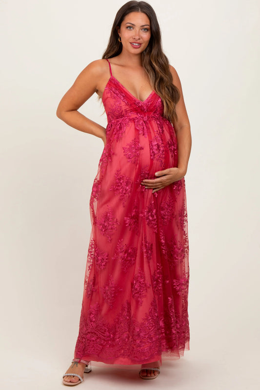 Red Floral Lace Overlay Maternity Maxi Dress PinkBlush