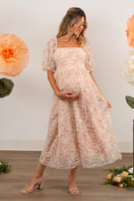 Light Pink Floral Mesh Overlay Tie Back Maternity Midi Dress by PinkBlush at Everetts Place
