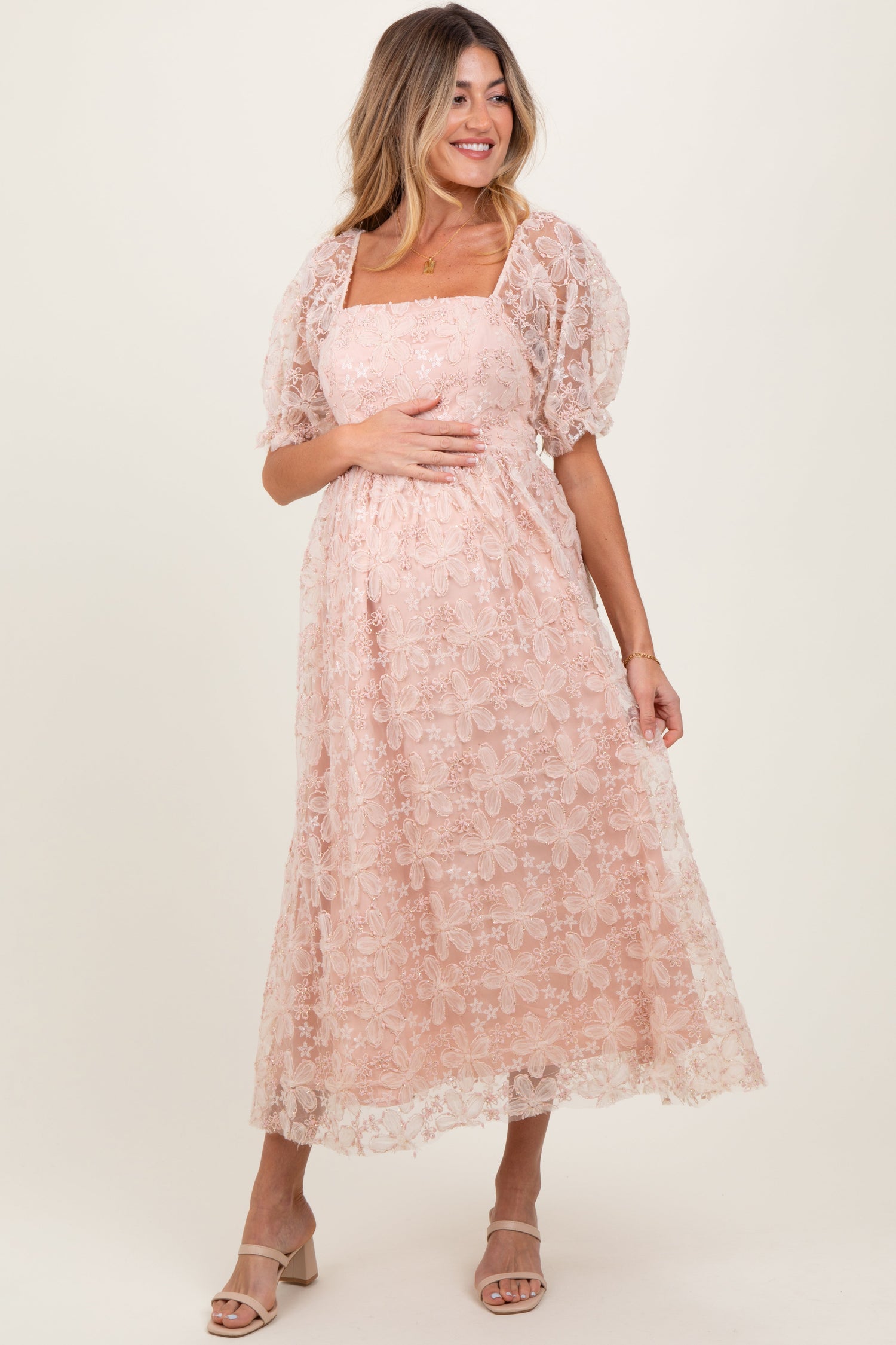 Light Pink Floral Mesh Overlay Tie Back Maternity Midi Dress by PinkBlush at Everetts Place